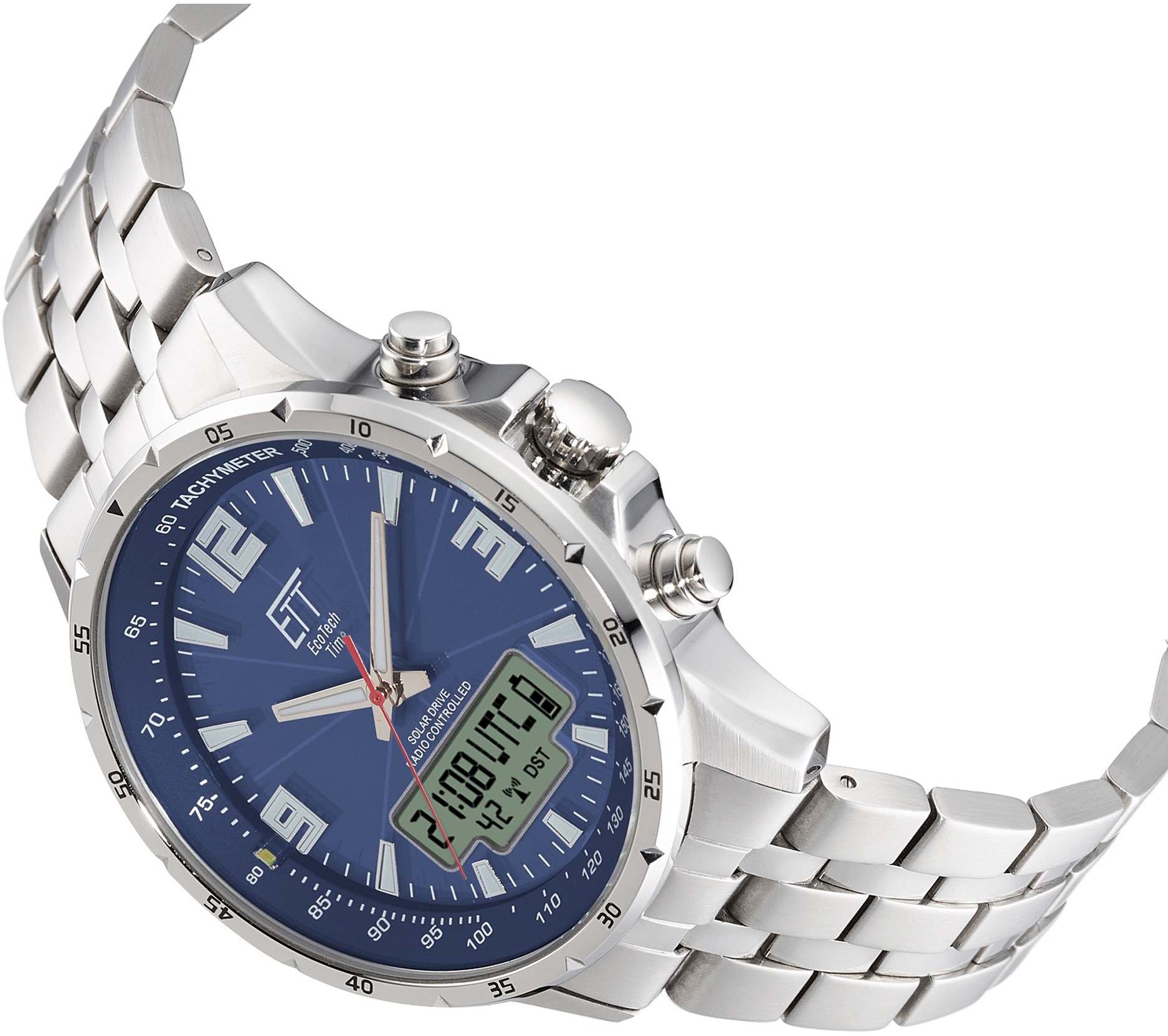 ETT Funkchronograph »Professional«, Armbanduhr, Herrenuhr, Stoppfunktion, Datum, Solar, Edelstahlarmband