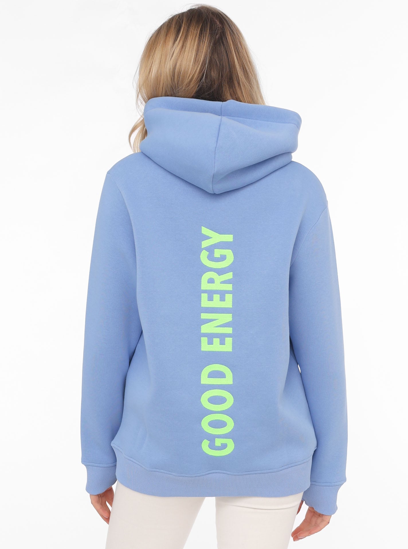 Zwillingsherz Sweatshirt, mit neonfarbenem Aufstick und Schriftzug am Rücken