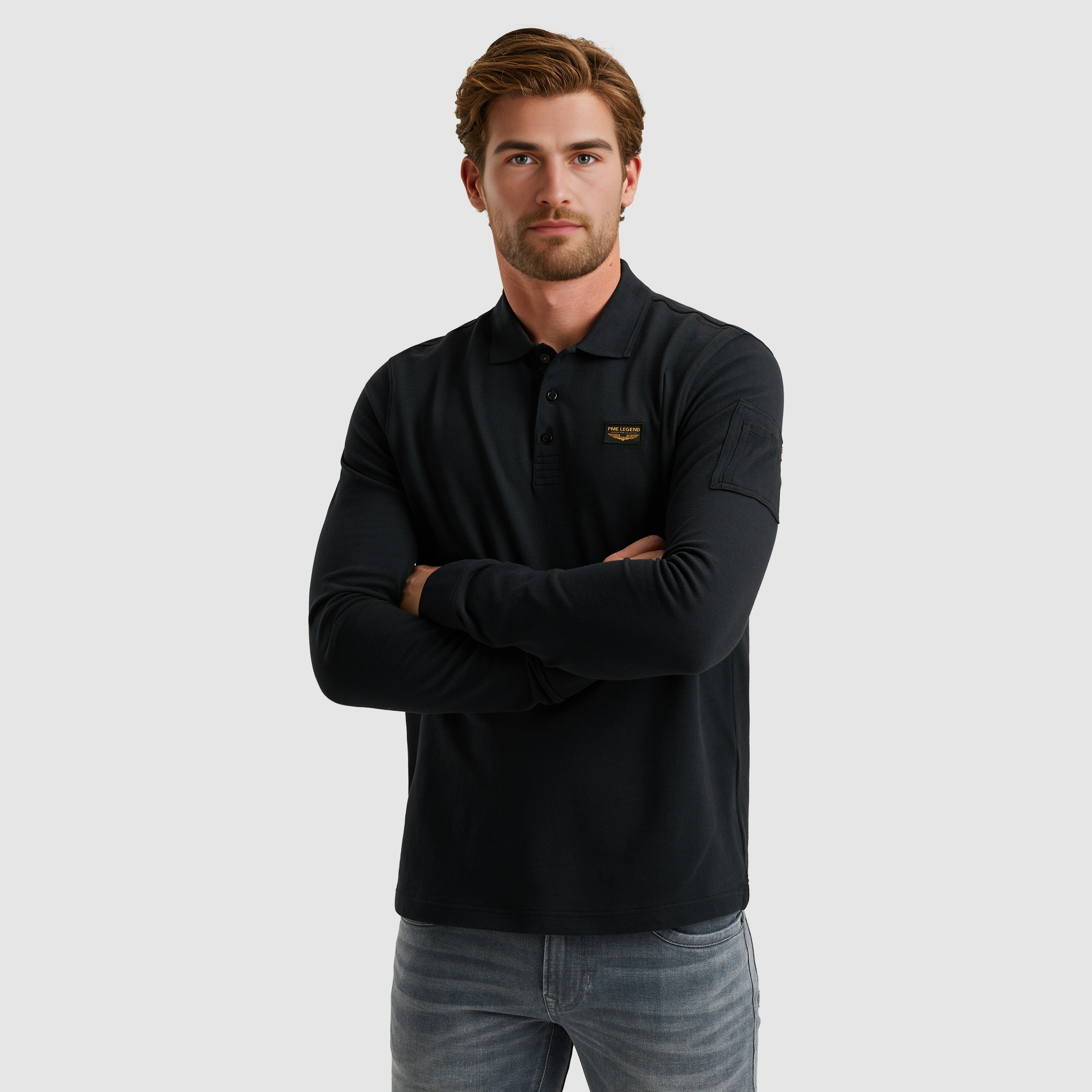 PME LEGEND Langarm-Poloshirt mit Logo Stickerei