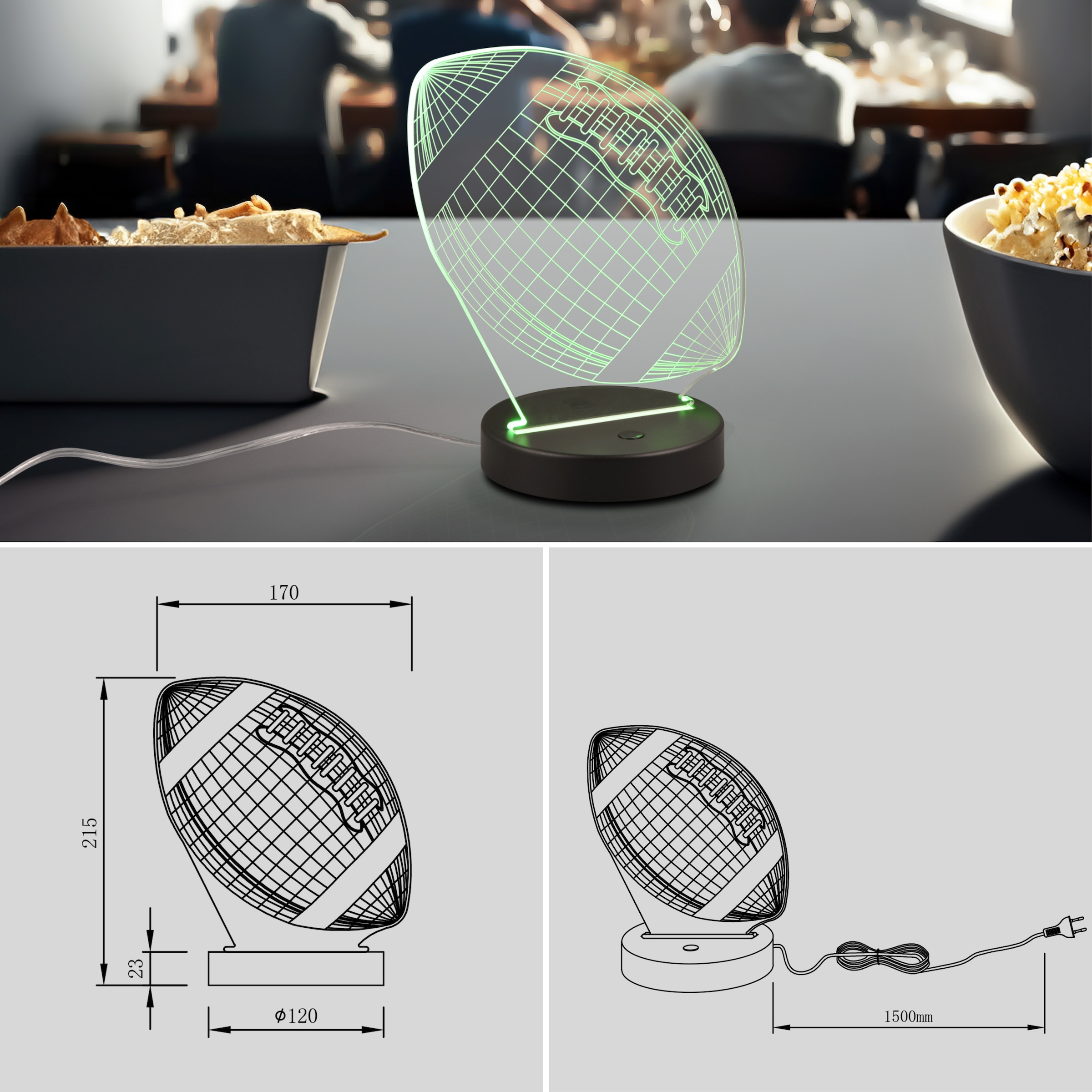 REALITY Leuchten LED Tischleuchte »FOOTBALL, Tischlampe in Football Form mit 3D-Effekt, Acryl, Höhe 22cm« LED-Board 1 Stk. RGB | Warmweiß 3,2W LED, RGB Farbwechsel Modus, 250 Lumen 3000K warmweiß, Base Ø 12cm