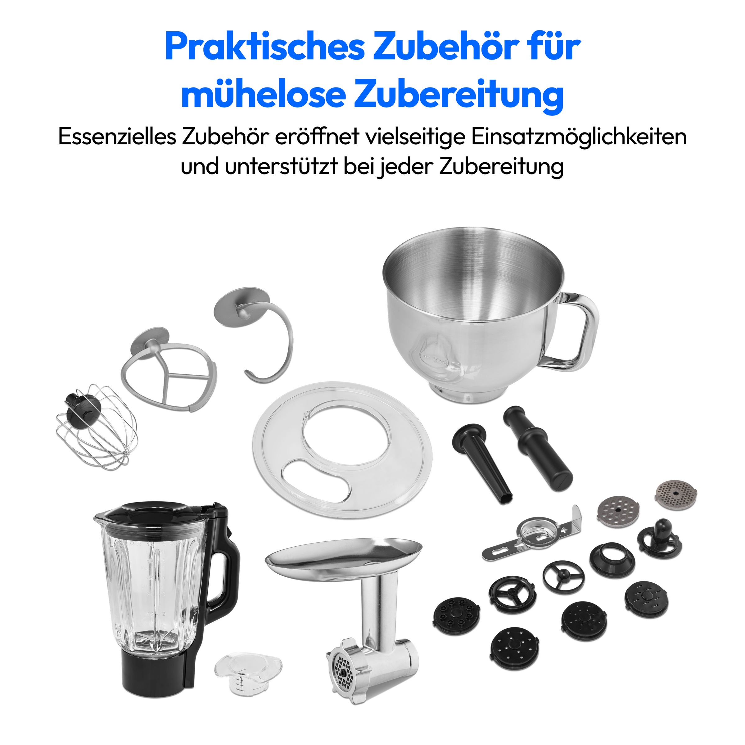 Medion® Küchenmaschine »MD 18430, 8 Geschwindigkeitsstufen, Impulsfunktion, 5L Rührschüssel«, Mit umfangreichem Zubehör-Set, Mixeraufsatz, Fleischwolf-Aufsatz