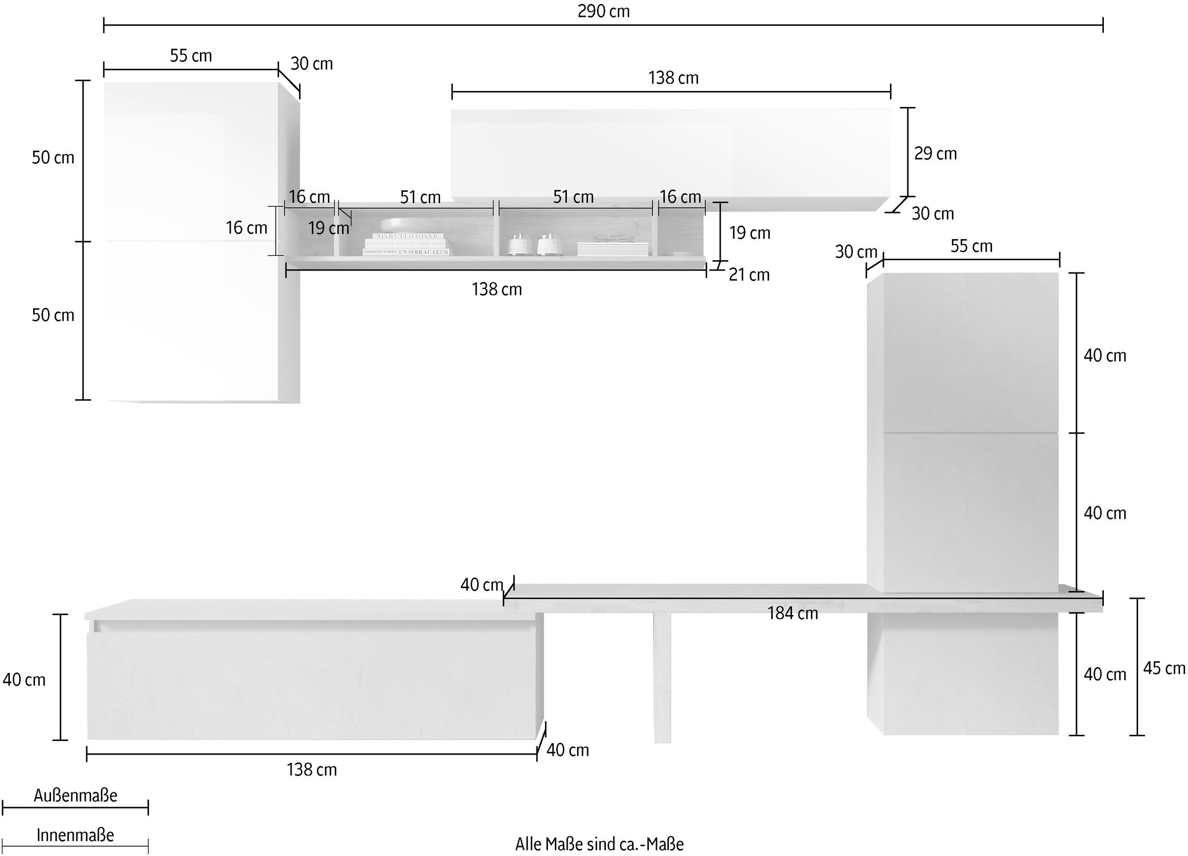 INOSIGN Wohnwand »INFINITY, 9tlg. Breite 290 cm, Höhe variabel, Schrankwand (Lowboard,«, T-Boden, 4x Hängewürfel, Würfel-Element, Wandregal, Hängeschrank)