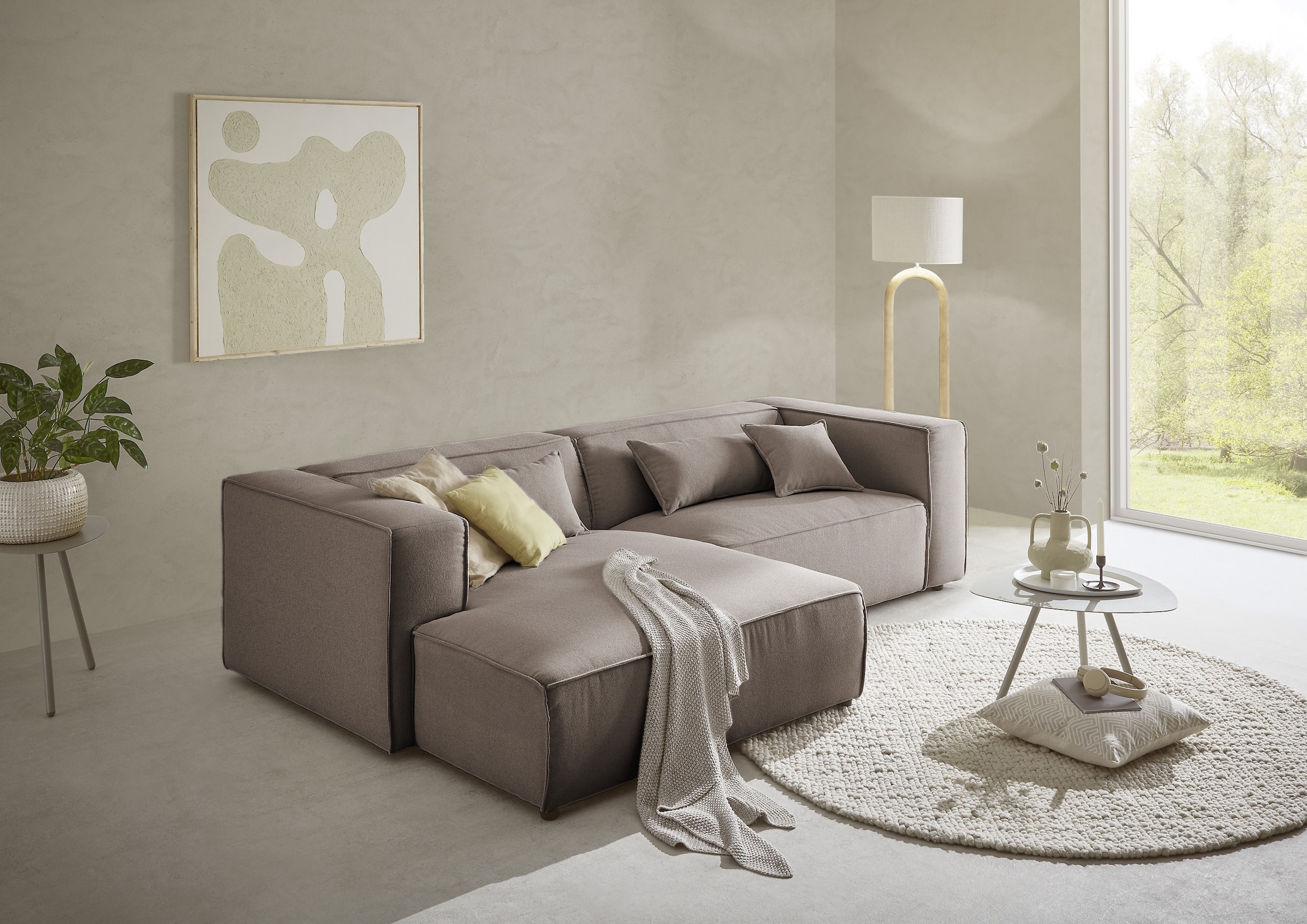LeGer Home by Lena Gercke Ecksofa »PIARA mit Kedernaht in Cord oder Leinenoptik, moderne Couch in L-Form«, wahlweise Ottomane rechts/links, schwarze Füße, bequemer Sitzkomfort