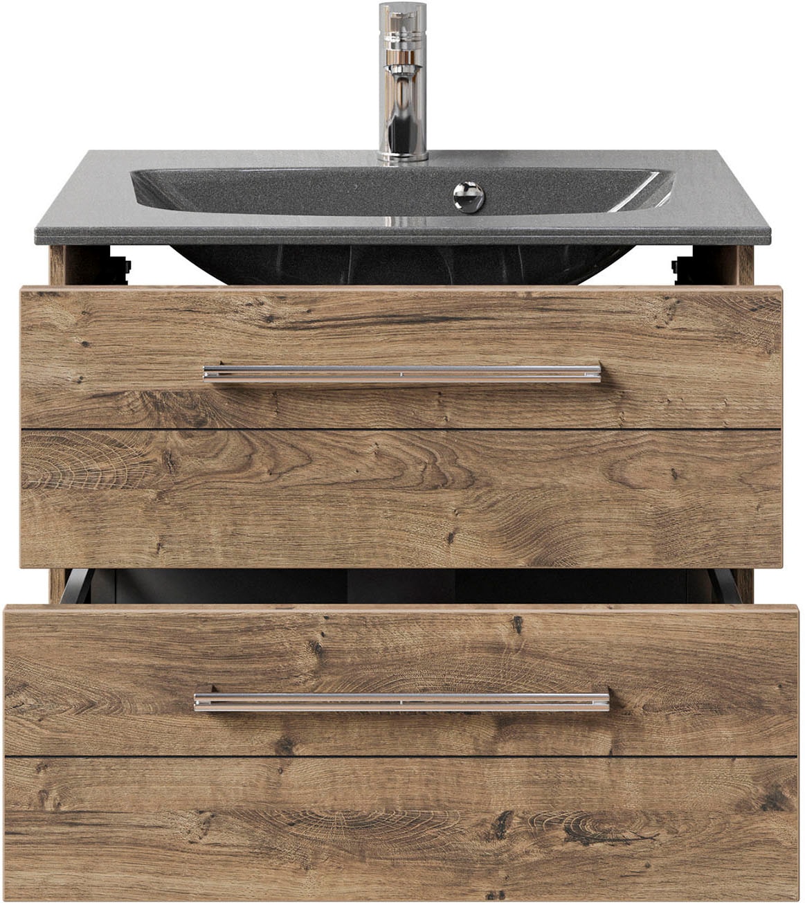 Saphir Badmöbel-Set »Serie 6025 2-teilig Mineralmarmor-Waschtisch mit LED-Spiegelschrank«, (2 St.), Waschplatz 67 cm breit, 2 Schubladen, 2 Spiegel-Türen, inkl Türdämpfer