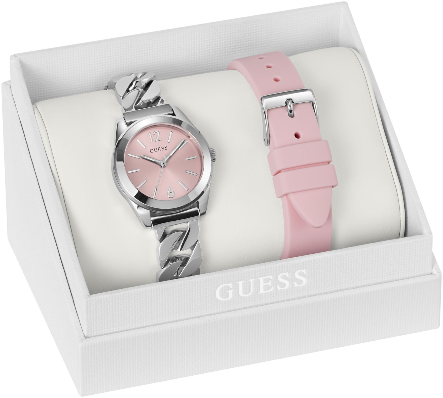 Guess Quarzuhr »SERENA«, (Set, 2 tlg., mit Wechselarmband aus Silikon), Armbanduhr, Damenuhr, Edelstahlarmband, Geschenkidee