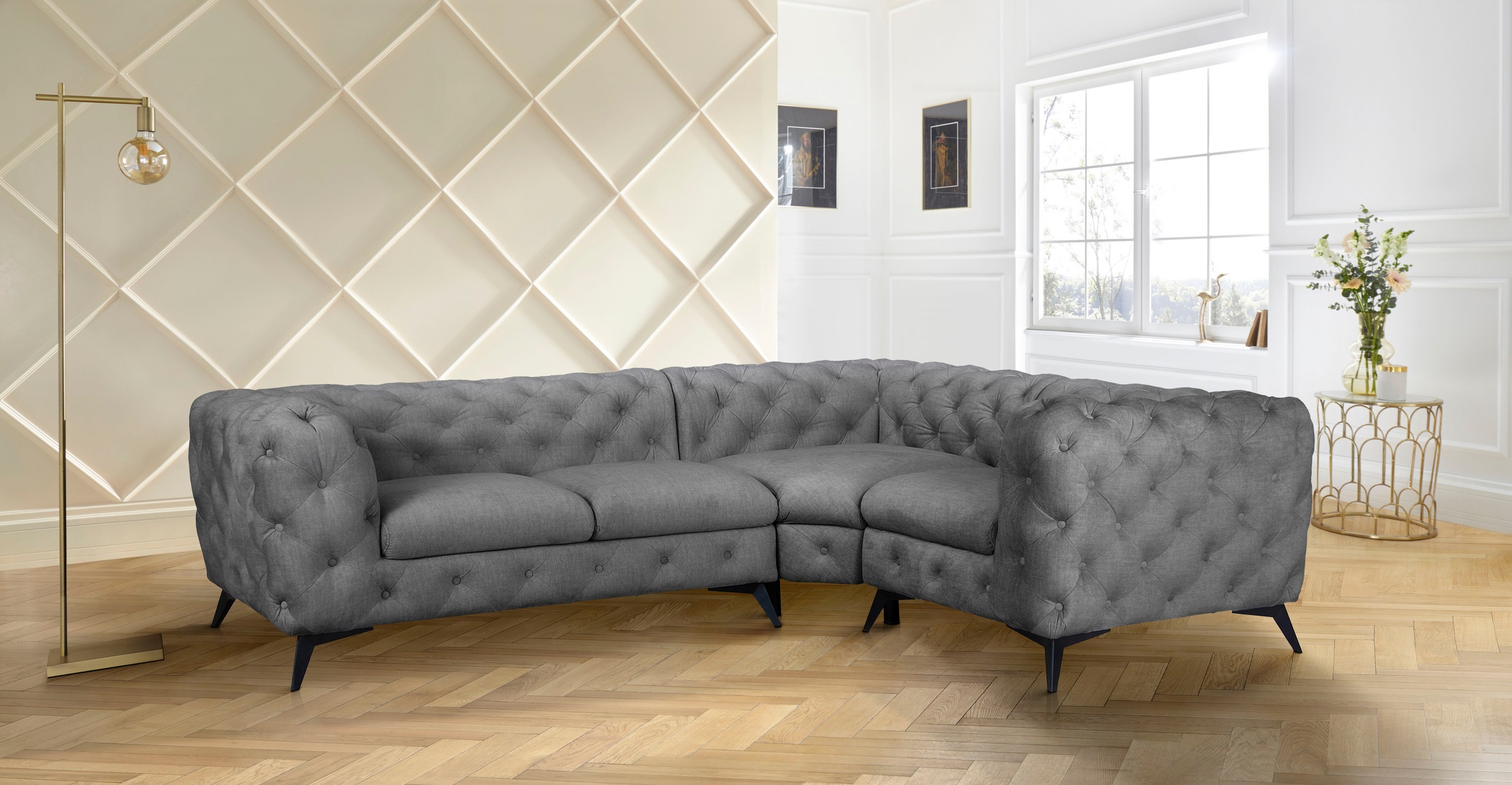 Leonique Chesterfield-Sofa »Ecksofa GLYNIS L-Form mit Wellenunterfederung, Maße B/T/H 264/204/75cm«, aufwändige Knopfheftung, moderne Chesterfield Optik, Fußfarbe wählbar