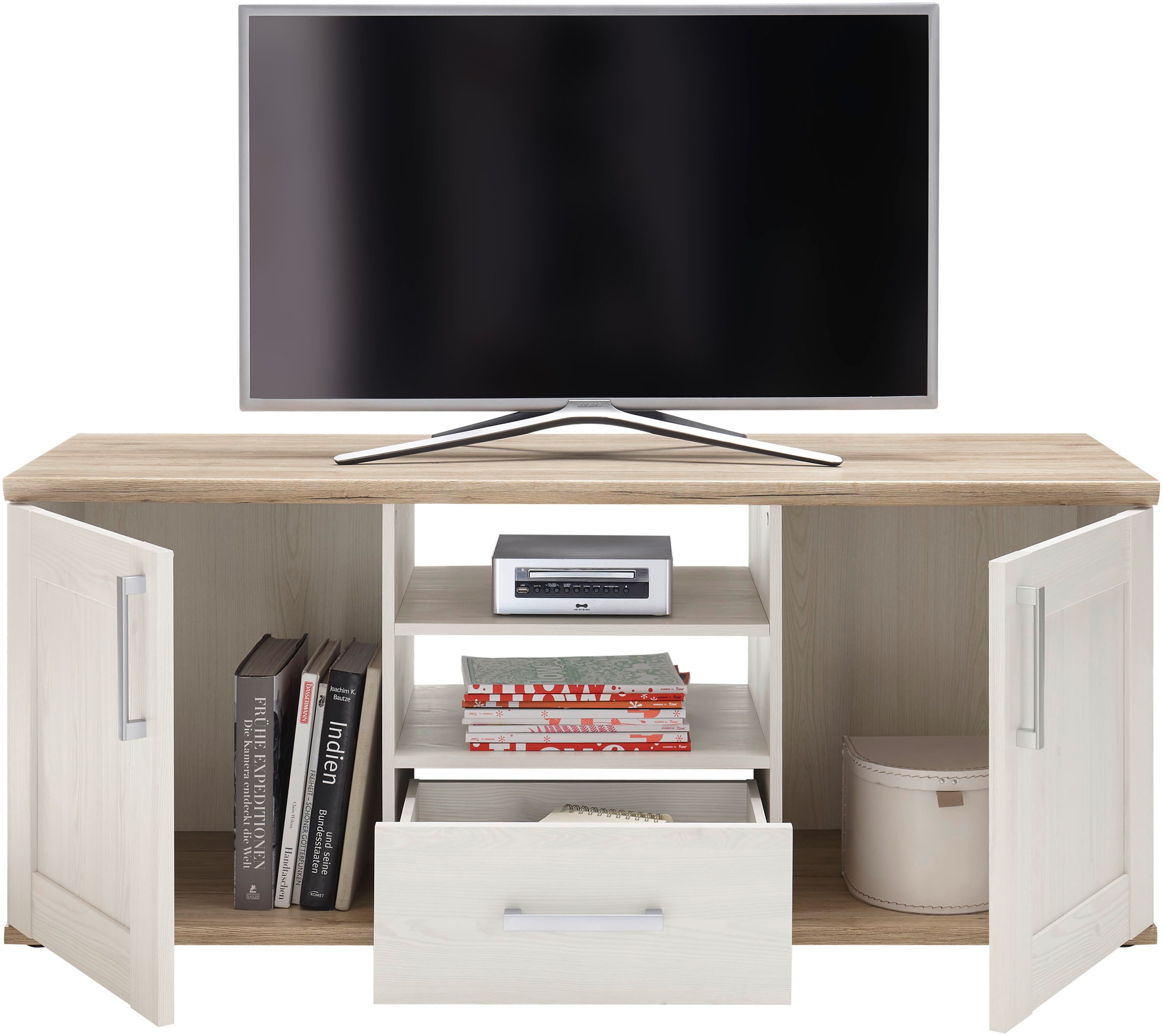 HBZ Lowboard »Romance Landhaustil, TV Möbel bis 55 Zoll, BxHxT 143x59x50 cm«, (1 St.), Mit 2 Türen, 2 offene Fächer, 1 Schubkasten