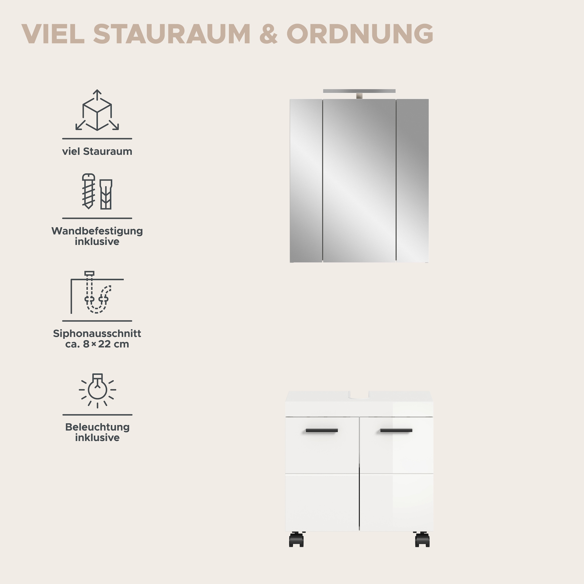 welltime Badmöbel-Set »AVON, Breite 60 cm, 2-tlg. Bad-Kombi auf Rollen, inkl. Beleuchtung« best. aus: Waschbeckenunterschrank & Spiegelschrank inkl. Beleuchtung, 2 Stk. tlg.