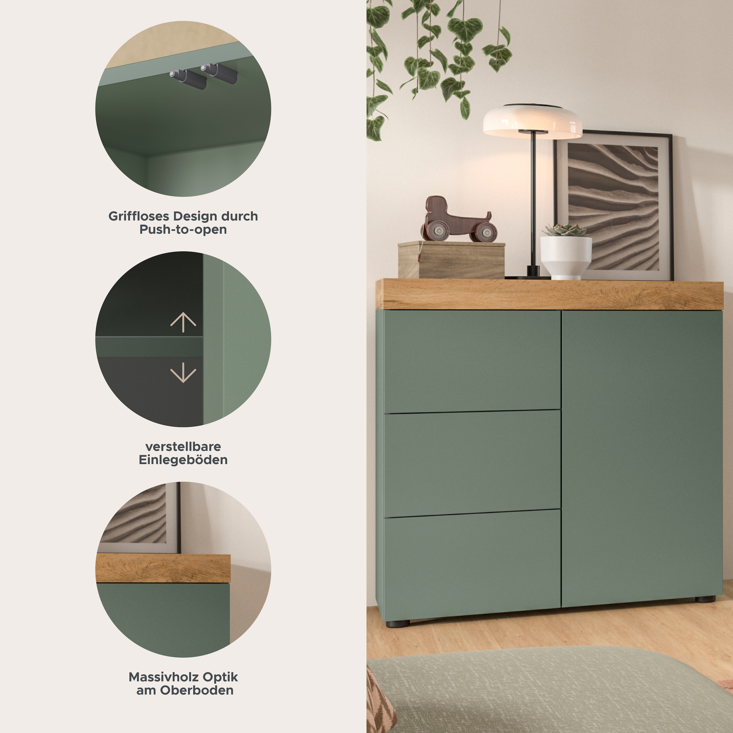OTTO home Kommode »MAMBO, Breite 77cm, 1 Tür, 3 Schubkästen, push-2-open« 2 farbige Ausführung, in verschiedenen Farben erhältlich, 1 Stk. tlg. Kommode, Anrichte, Wohnzimmer, Schlafzimmer