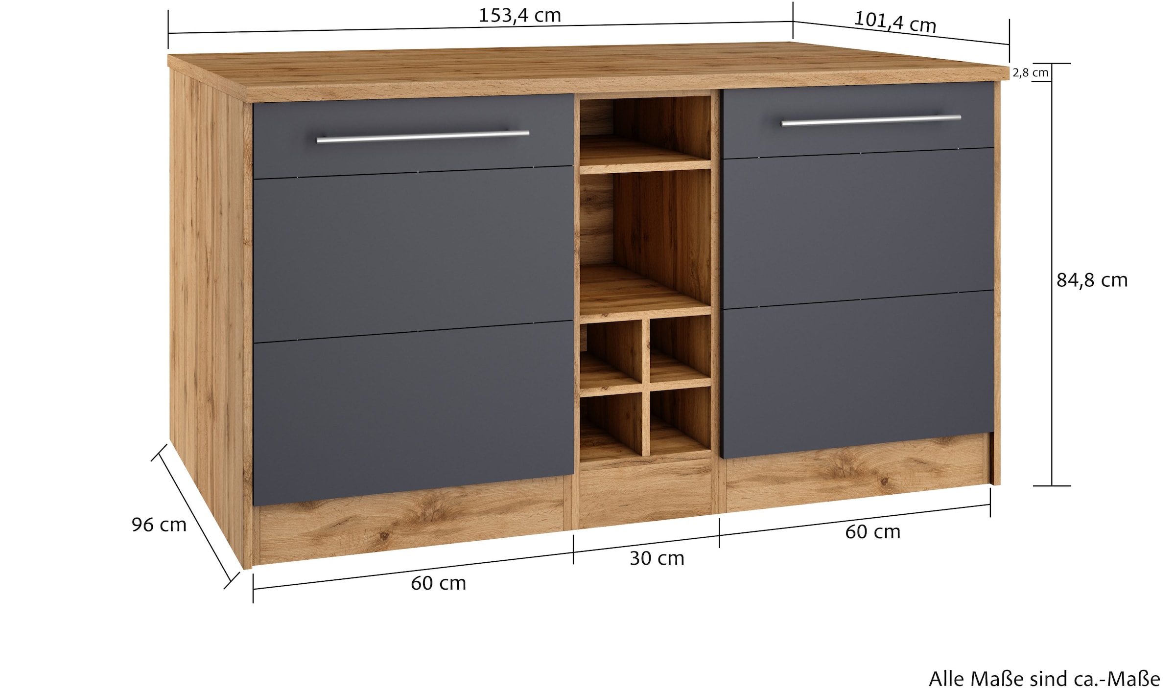 KOCHSTATION Kücheninsel »KS-Wien«, Breite 153 cm, MDF-Fronten, Flaschenregal