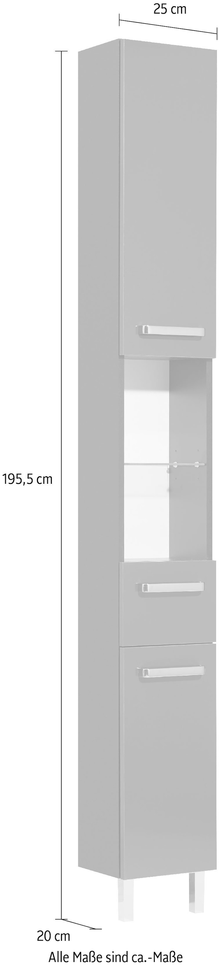 Saphir Hochschrank »Quickset Badschrank 25 cm breit, 2 Türen, 2 Nischen, 1 Schublade« Badezimmer-Hochschrank inkl. Türdämpfer, Griffe in Chrom glänzend
