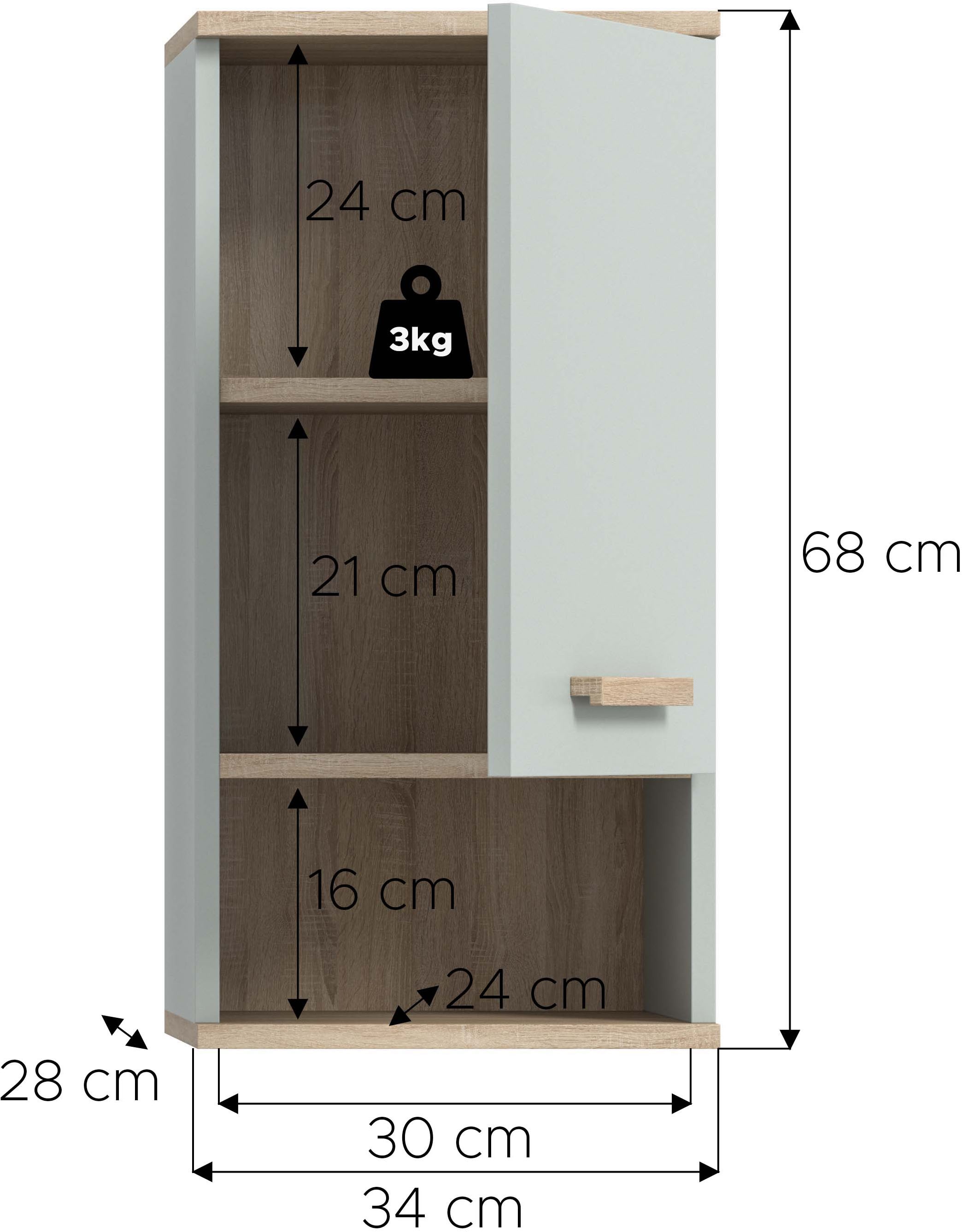 welltime Hängeschrank »MINTTU, Höhe 68 cm, 1 Tür, 1 Einlegeboden, 1 offenes Fach« Türanschlag rechts und links montierbar,  Badmöbel, Badschrank, Schrank, Bad, Wandschrank