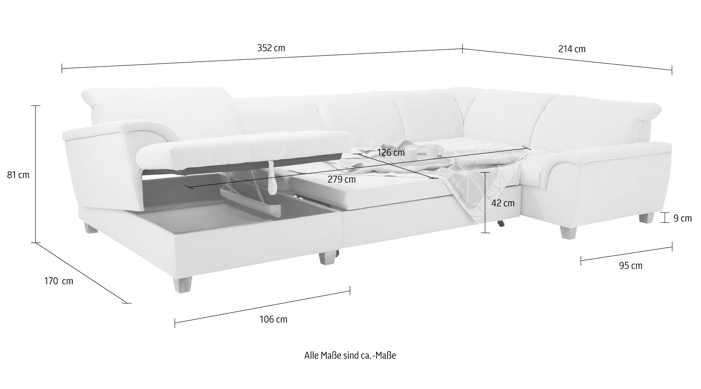 Home affaire Wohnlandschaft »Lyla U-Form«, wahlweise mit Rückenfunktion und zusätzlich mit Bett + Bettkasten