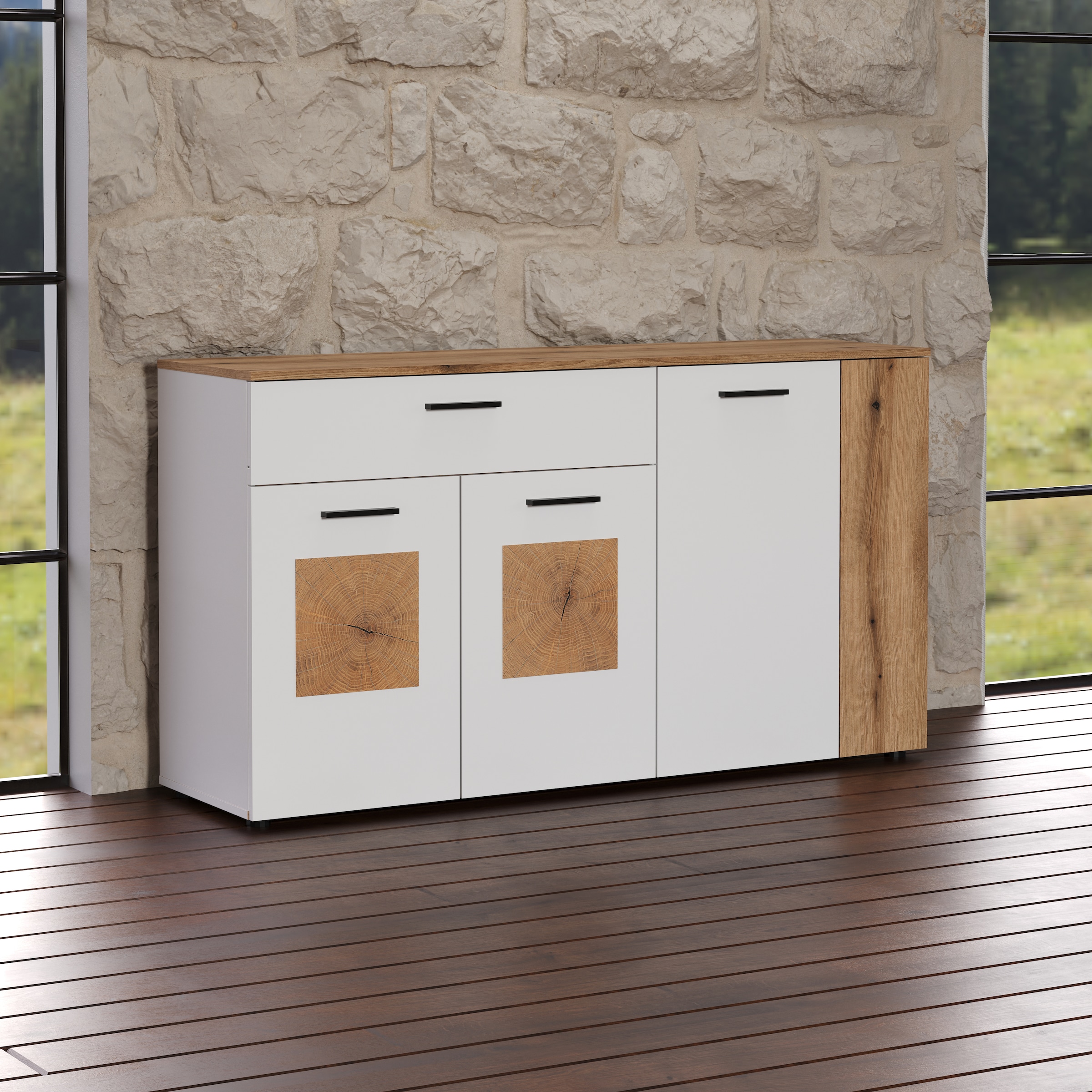 INOSIGN Sideboard »Linz«, (1 St.), Kommode mit Hirnholzapplikationen - Schrank (B/T/H) 150/42/83 cm