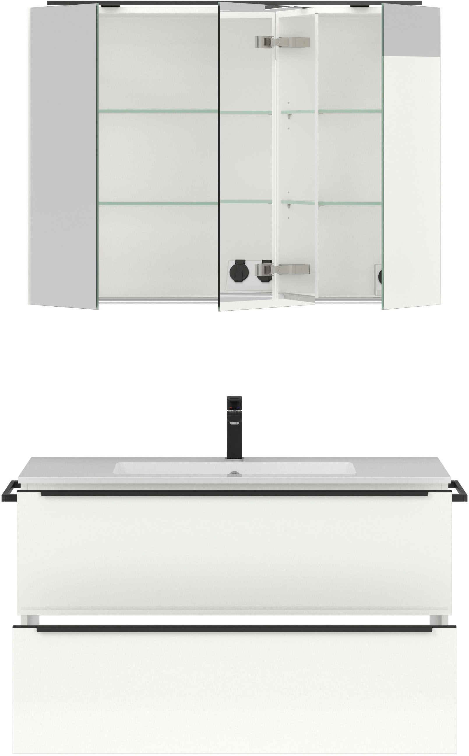 nobilia® Badmöbel-Set »Levere«, (2 St., vormontiert, mit Soft-Close), inkl. Spiegelschrank mit Beleuchtung und Dimmerfunktion, in 4 Breiten