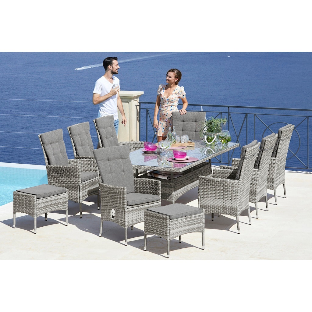 KONIFERA Garten-Essgruppe »Belluno«, (Set, 17 tlg., 8x Sessel, 1x Tisch 200x100 cm, inkl. Auflagen, Polyrattan), Stauraum unter dem Tisch, Grau, 2 der 8 Sessel stufenlos verstellbar