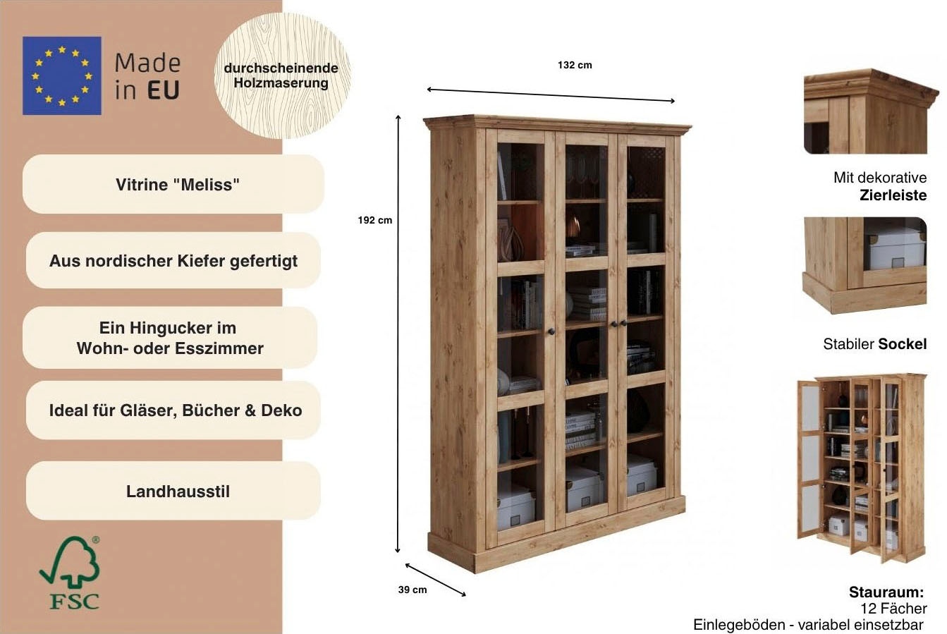 Home affaire Vitrine »Meliss« aus massiver Kiefer, mit viel Stauraum