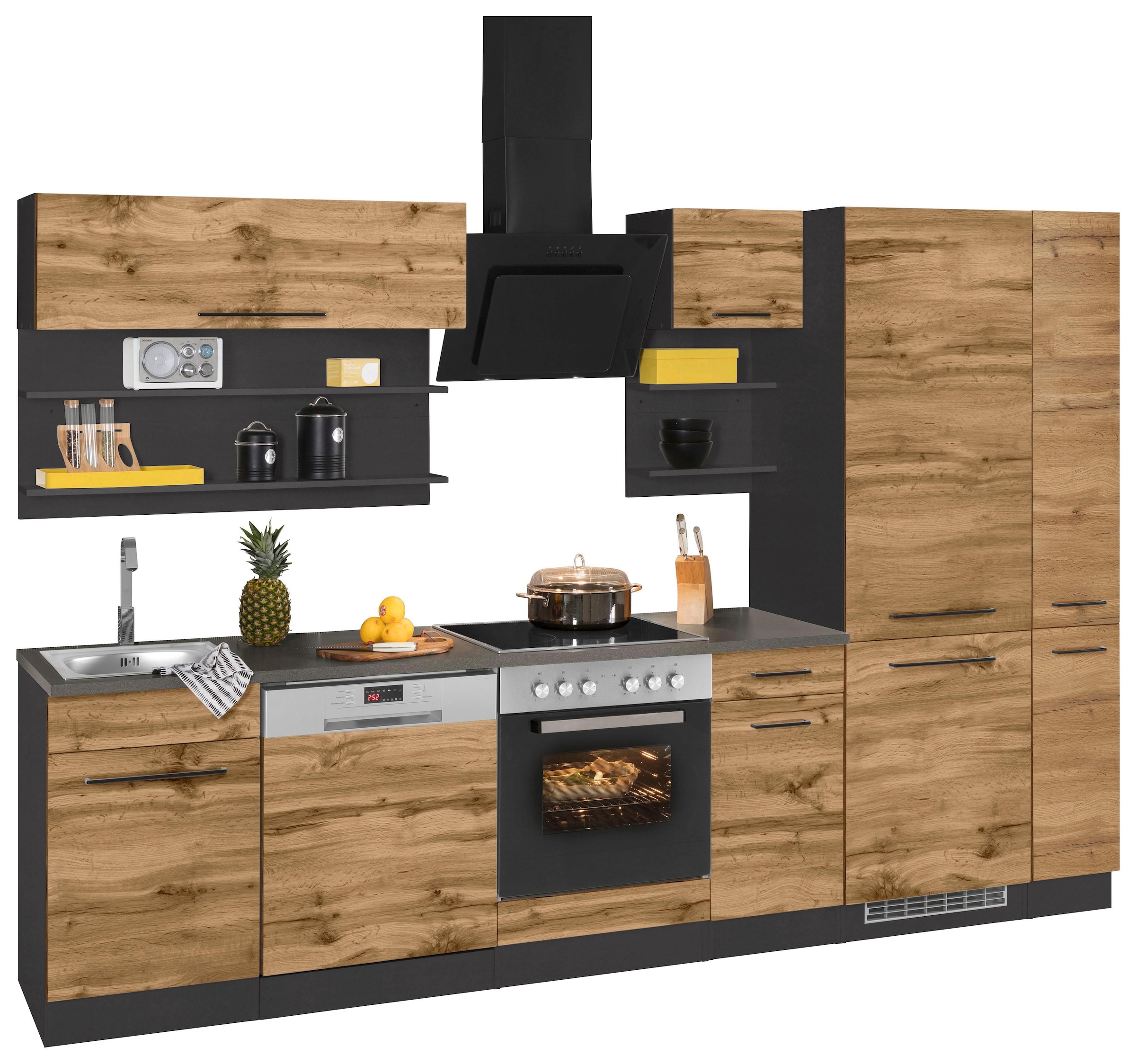 KOCHSTATION Küchenzeile »KS-Tulsa«, mit E-Geräten, Breite 300 cm, schwarze Metallgriffe, MDF Fronten