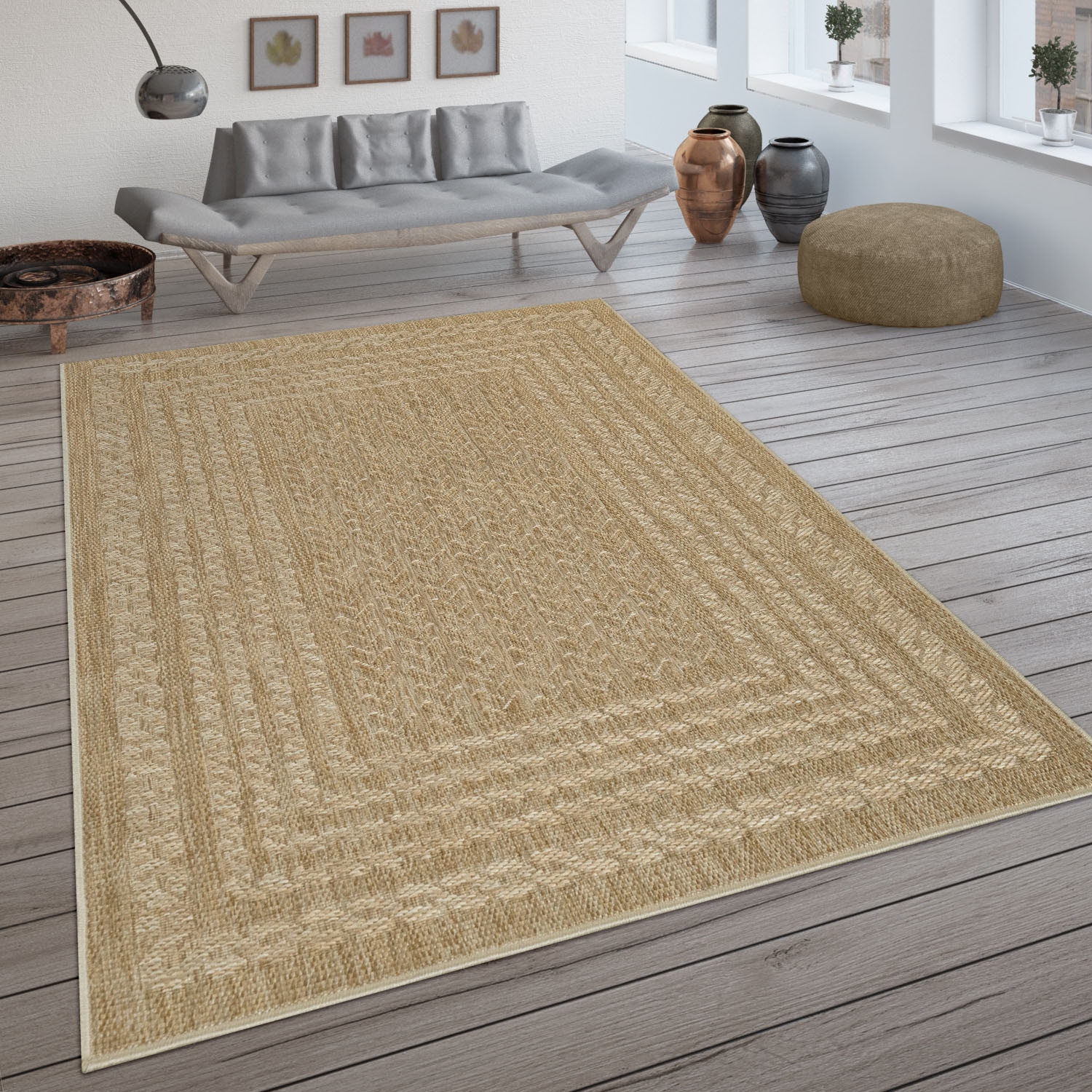 Paco Home Teppich »Liege 390«, rechteckig, 4 mm Höhe, Flachgewebe, melierte Sisal Optik, mit Bordüre, Outdoor geeignet