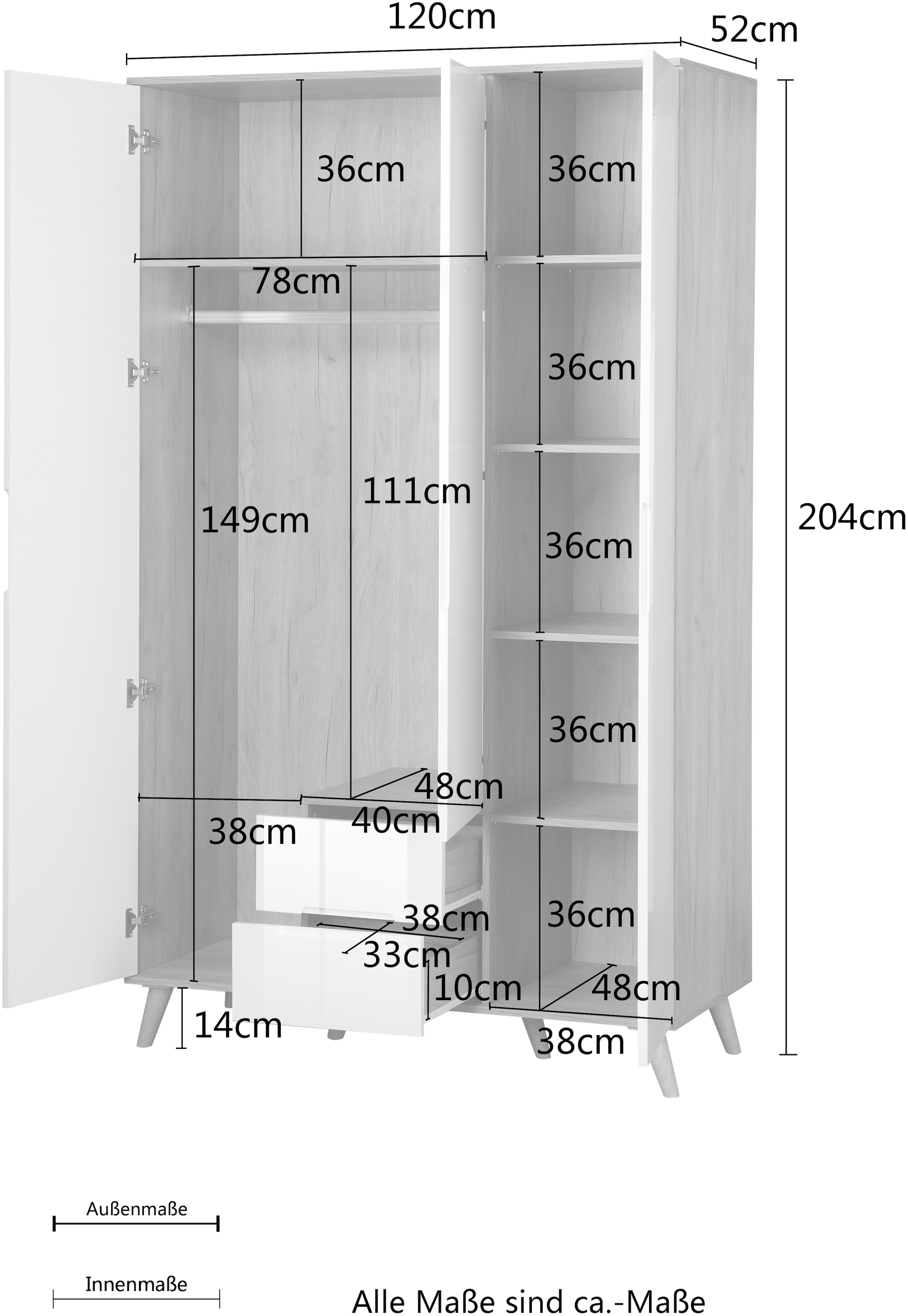 andas Kleiderschrank »Lund Schlafzimmerschrank Bestseller im skandinavischem Design«, Garderobenschrank mit Premium Innenausstattung, Breite 120cm