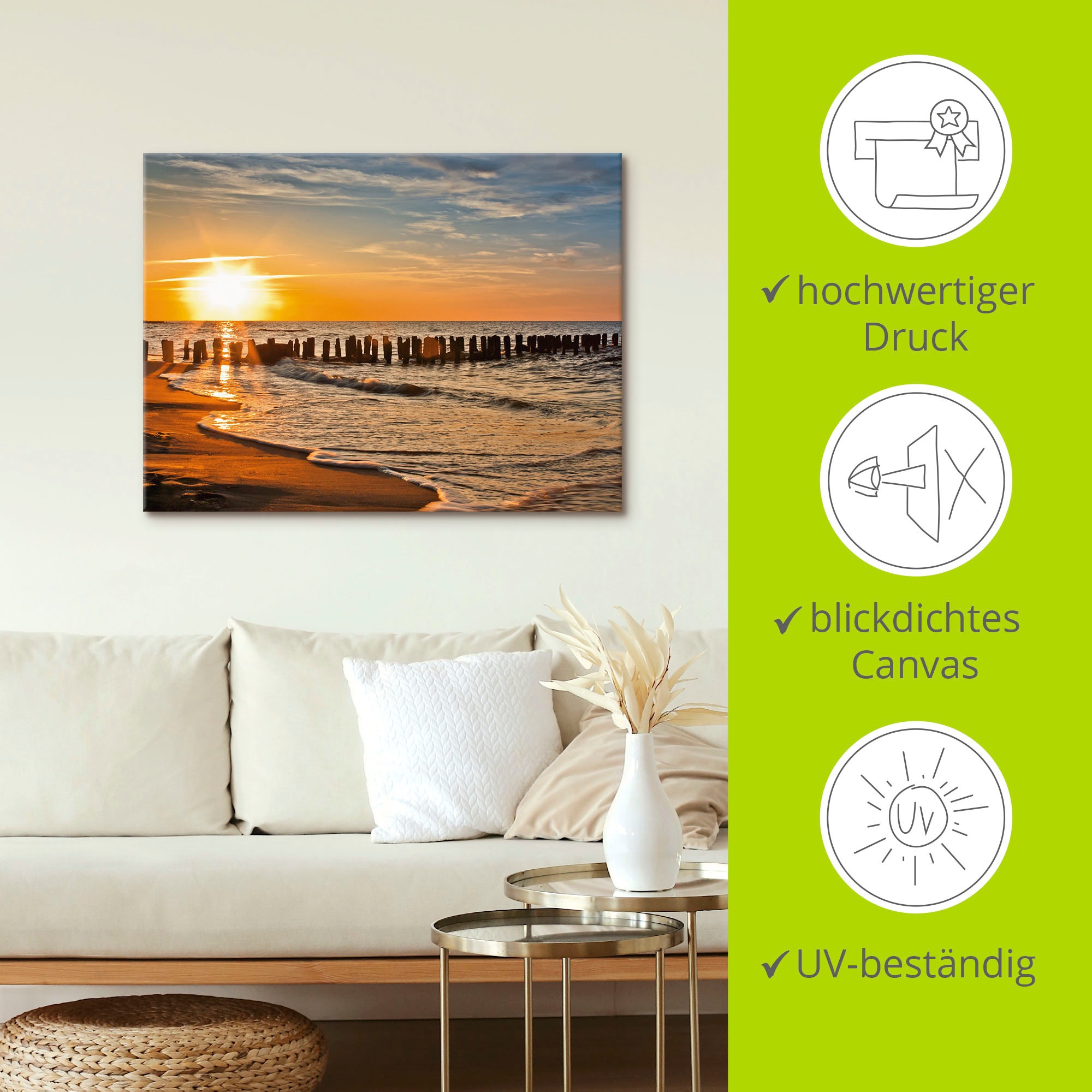Artland Wandbild »Schöner Sonnenuntergang am Strand«, Strand, (1 St.), als Alubild, Outdoorbild, Leinwandbild, Poster in verschied. Größen