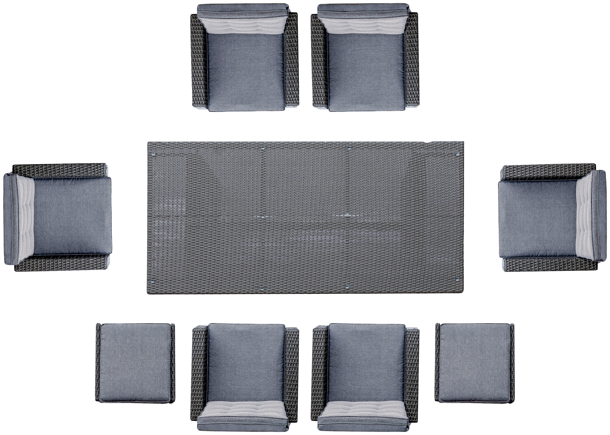 KONIFERA Garten-Essgruppe »Paris«, (Set, 17 tlg., 2x Fußhocker,inkl. Auflagen,Tischplatte aus Sicherheitsglas,Aluminium), Tisch: 200x100x75 cm, verstellbare Rückenlehne, inkl. Schutzhülle