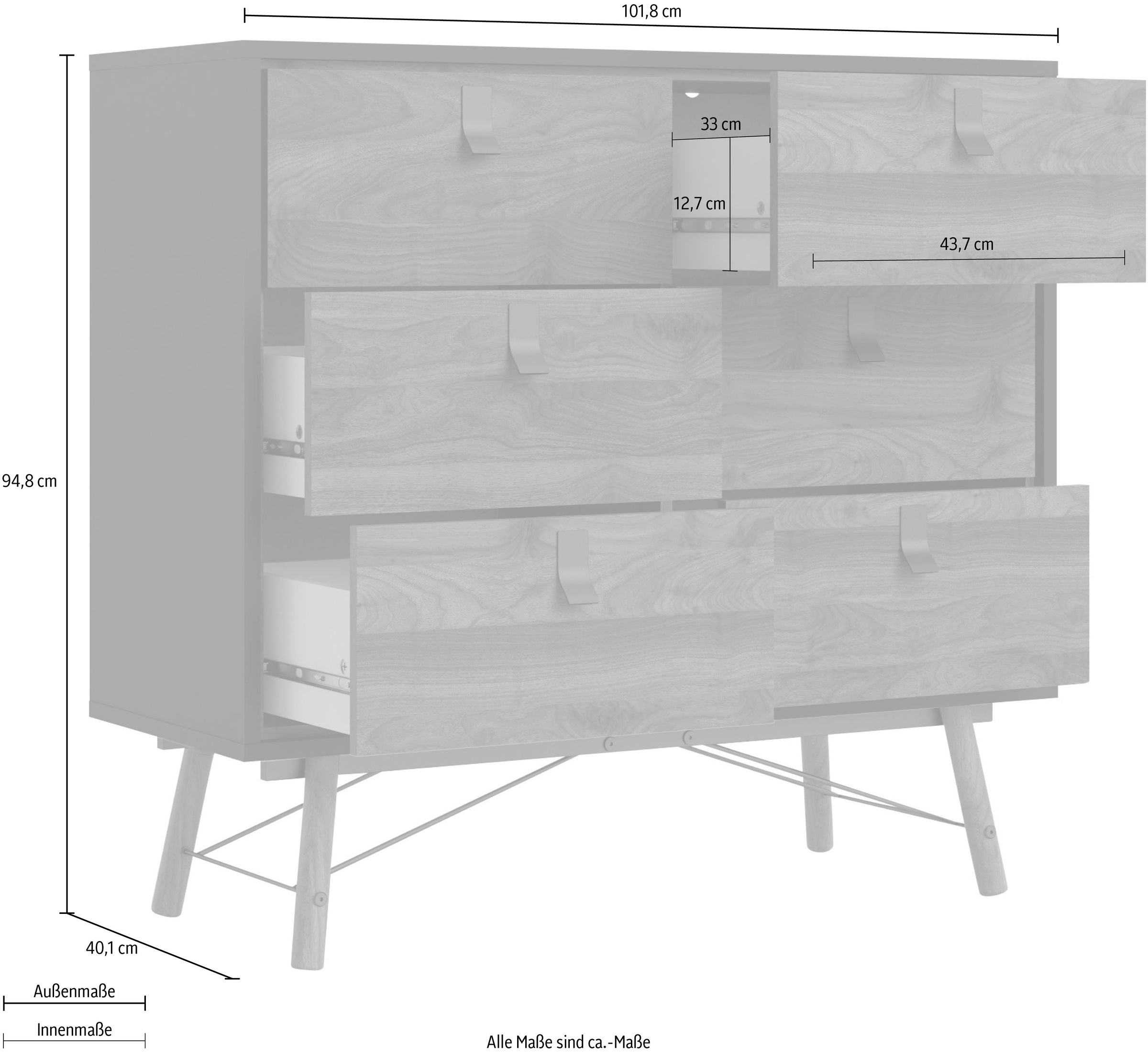 andas Kommode »Ry Aufbewahrung, Schubladenschrank, Stauraum«, Sideboard mit 6 Schubladen, Breite 102 cm, Höhe 95 cm, Massivholzbeine