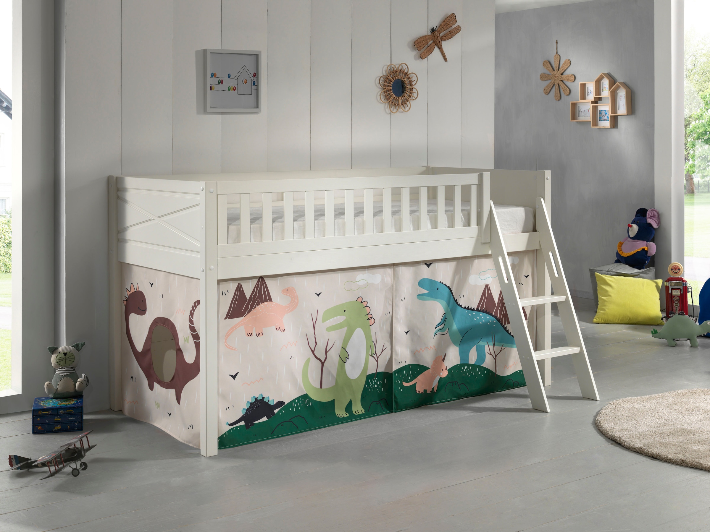 Vipack Hochbett »Scott« Made in Europe,  mit schräger Leiter, LF 90x200 cm, Vorhang, Tunnel, 7 Designs