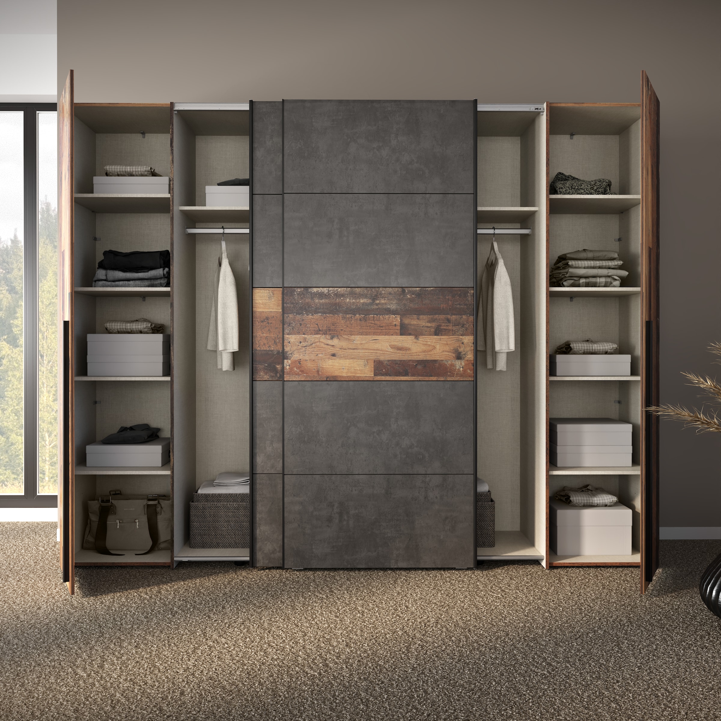 FORTE Kleiderschrank »Narago, OTTOs Choice, Kombischrank, TOPSELLER, Paneele  wechselbar« B/H/T ca. 270/210/61cm, Farbe Weiß auch mit Spiegeln,  Schwebetüren in Kombination mit Drehtüren, Made in Europe