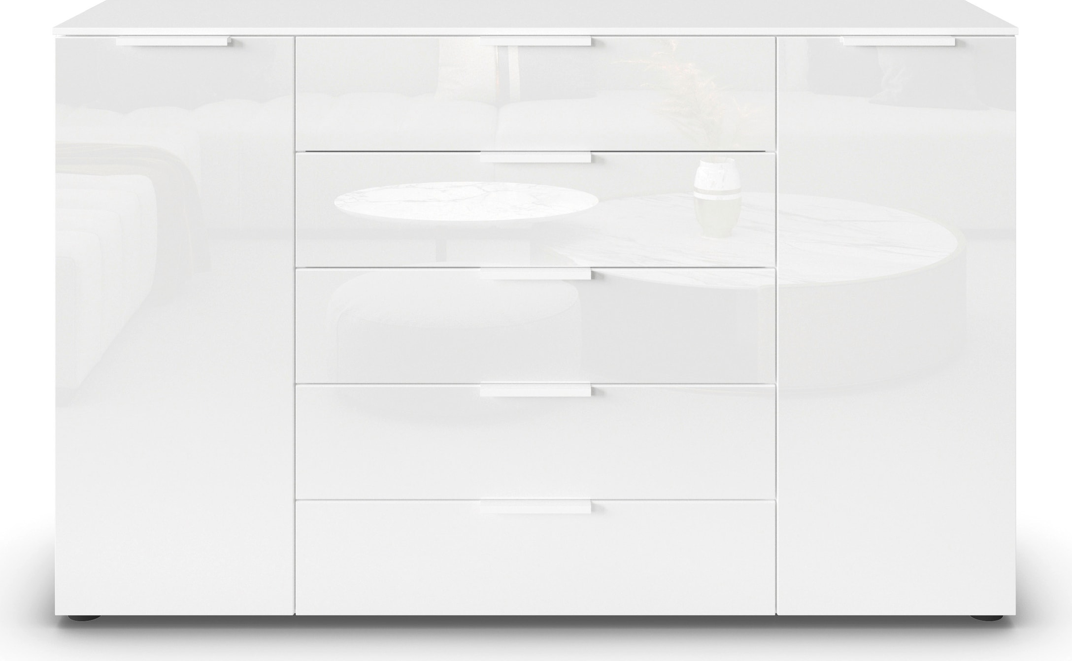 rauch Schubkastenkommode »Kommode Türkommode Sideboard Kombikommode FLIPP mit Glasfront«, (Breite 160/180 cm mit 4 Einlegeböden), 2-trg mit 5 Schubladen und Soft-Close, 2 Breiten MADE IN GERMANY