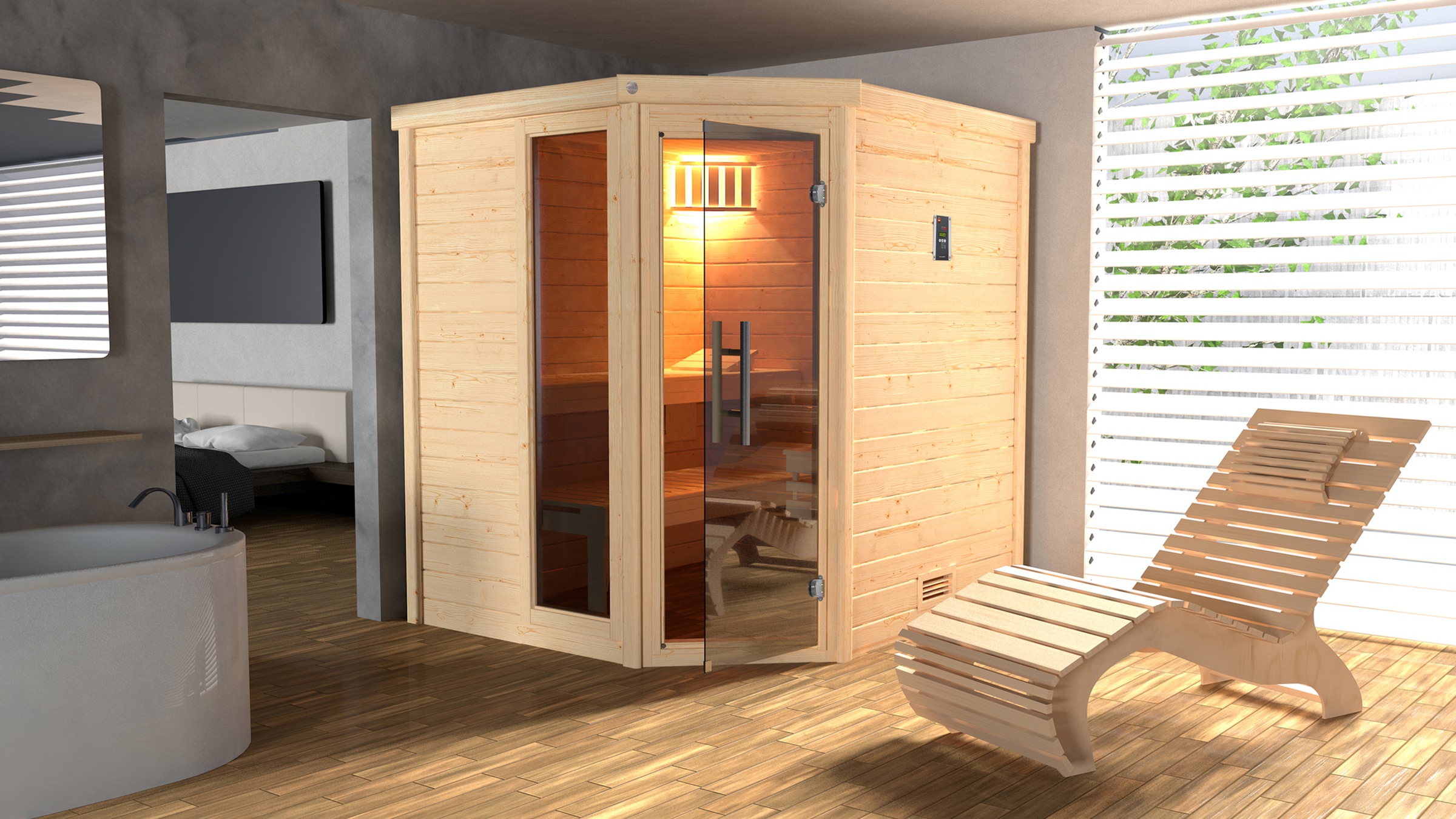 weka Sauna »Massivholzsauna TURKU 1« Blockbohlen, Fensterelement, moderne Ganzglastür