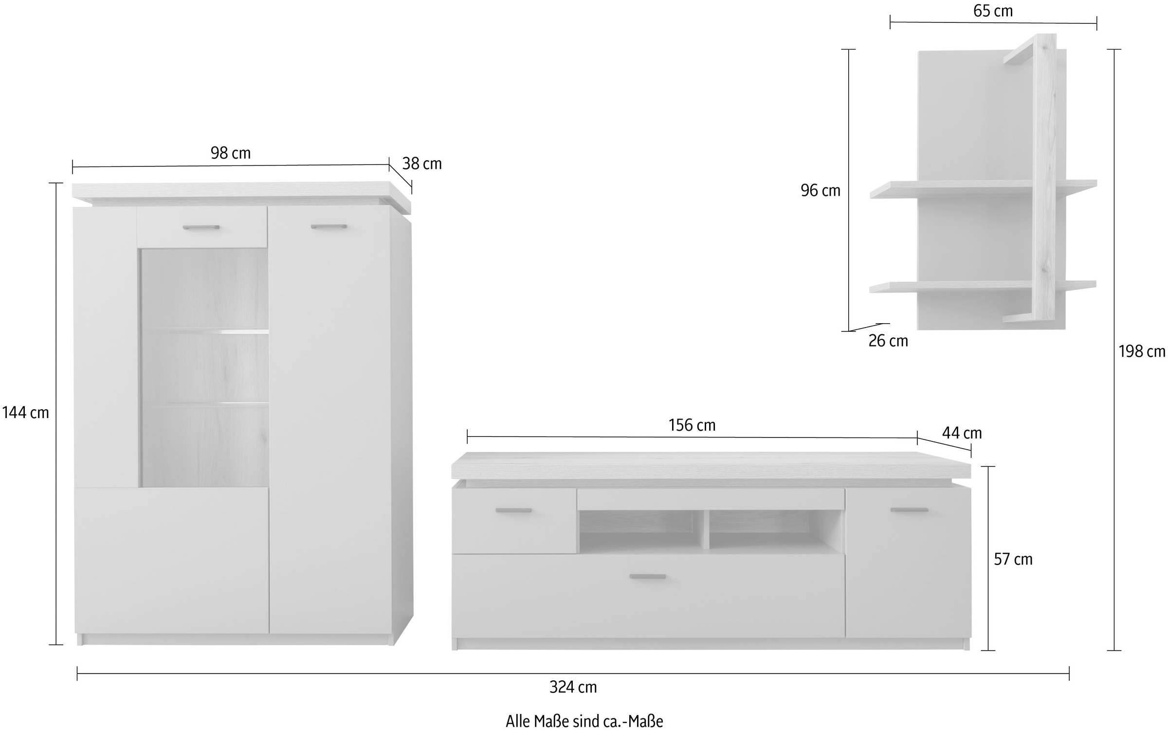 MCA furniture Wohnwand »MONIZ Wohnkomination 2«, (Komplett-Set, 3 St.), Türen/ Schubkästen gedämpft