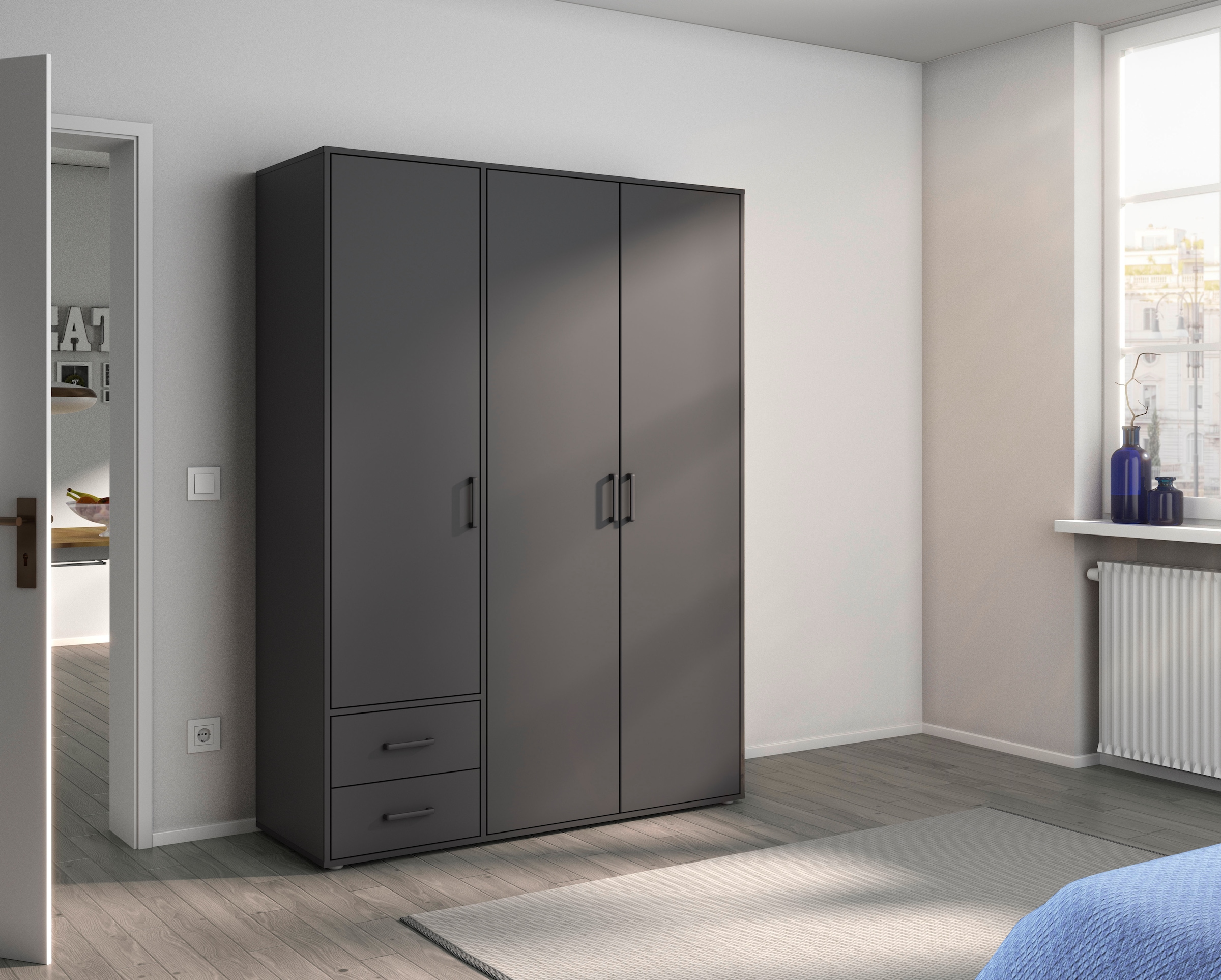 rauch Drehtürenschrank »Kleiderschrank Schrank Garderobe Wäscheschrank VOYAGER«, (in 3 verschiedenen Ausstattungen BASIC/CLASSIC/PREMIUM), moderne Griffe in Graumetallic mit Außenschubkästen MADE IN GERMANY
