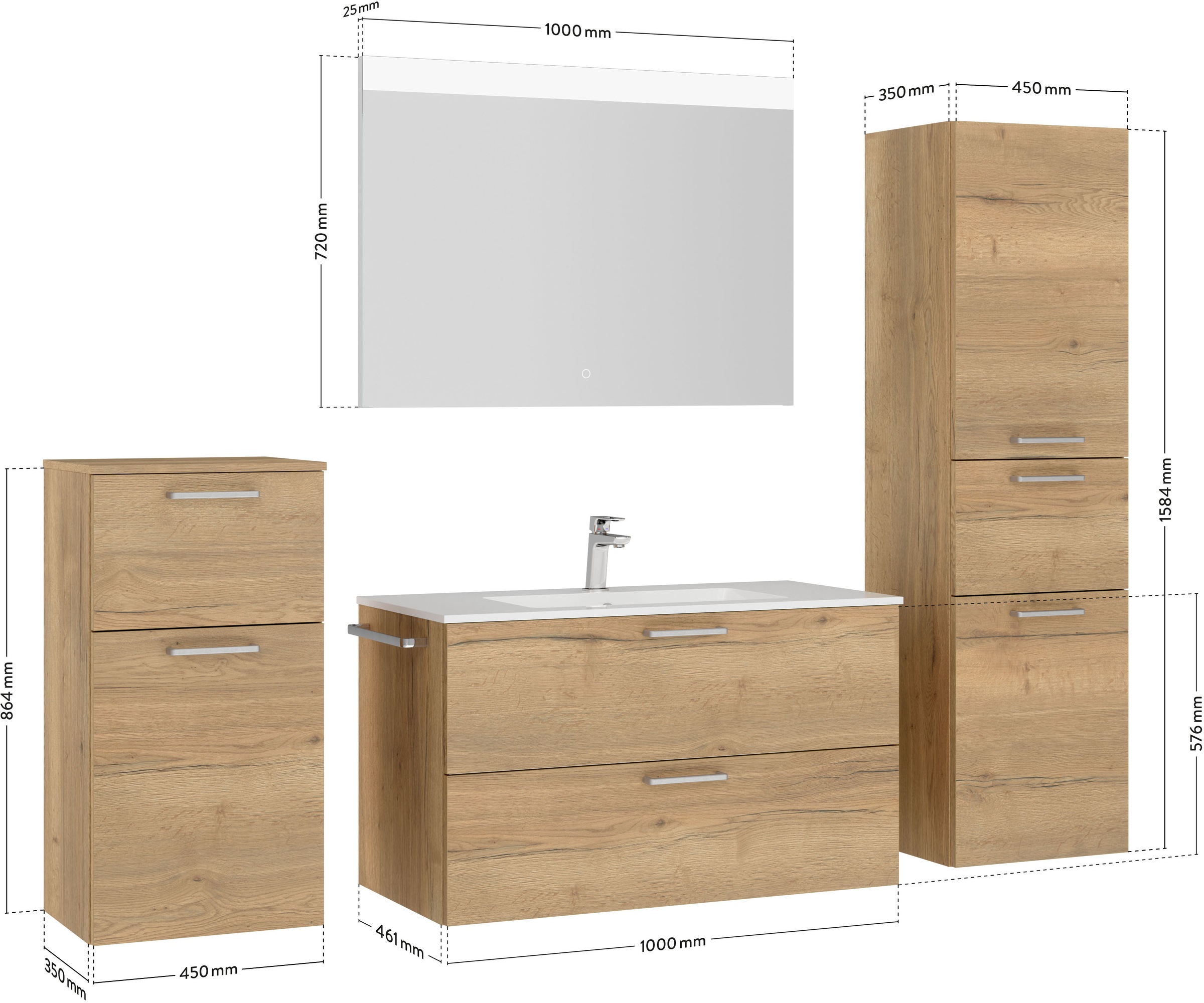 nobilia® Badmöbel-Set »Tolvina«, (4 St., vormontiert, mit Soft-Close), inkl. Spiegel mit Touch-Sensor, in vier Breiten