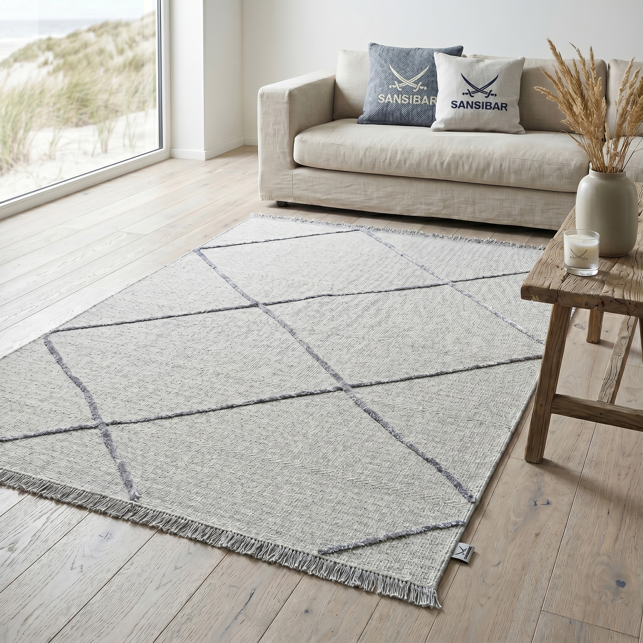 Sansibar Teppich »Braderup« rechteckig 2 mm Höhe Flachgewebe, modernes Scandi Design, Motiv Rauten, mit Fransen