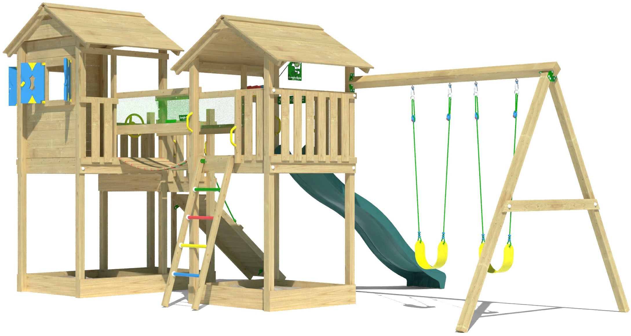 Jungle Gym Spielturm »Stronghold«, (Set), Spielanlage mit 2 Türmen, Schaukel und Rutsche mit Wasseranschluss
