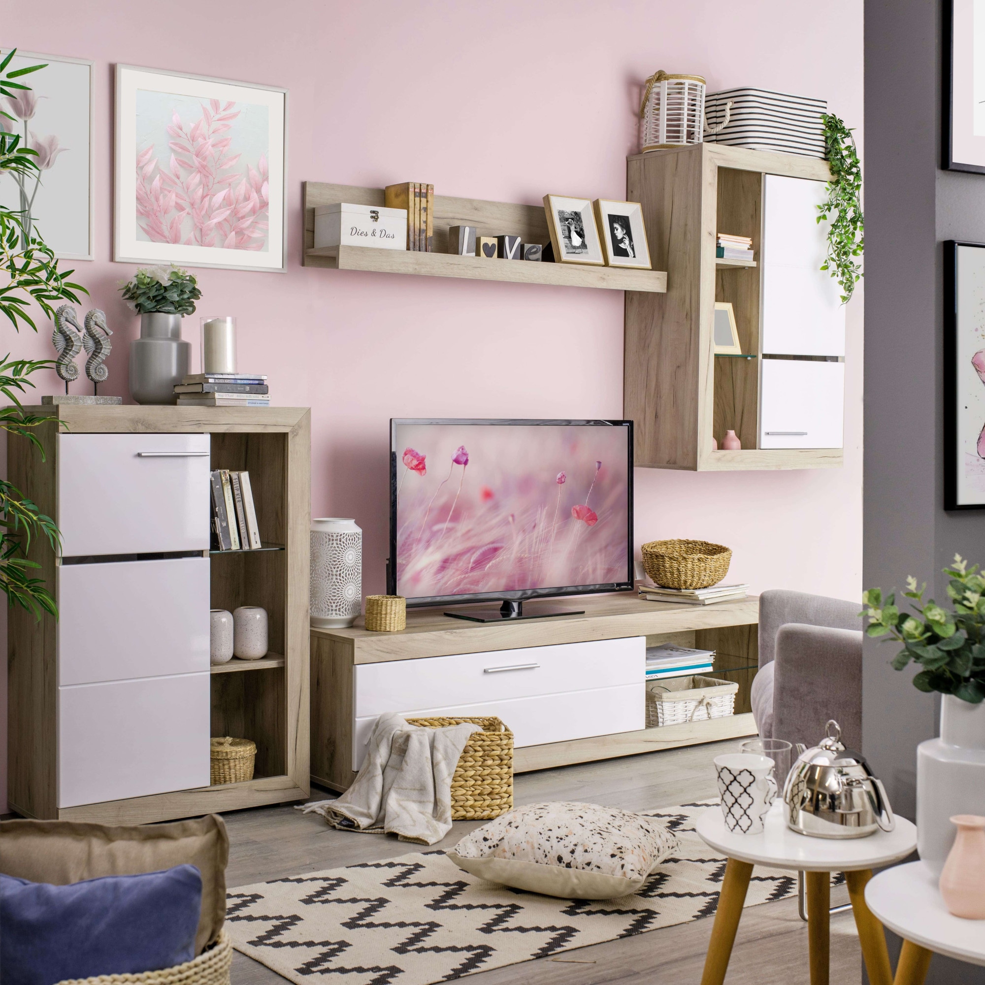 INOSIGN Wohnzimmer-Set »Rosso Wohnwand, Mediawand, Anbauwand, für TV bis 60', Breite 267 cm«, (Komplett-Set, 4 St., 4-st), Set besteht aus Highboard, TV-board, Wandregal und Hängeschrank