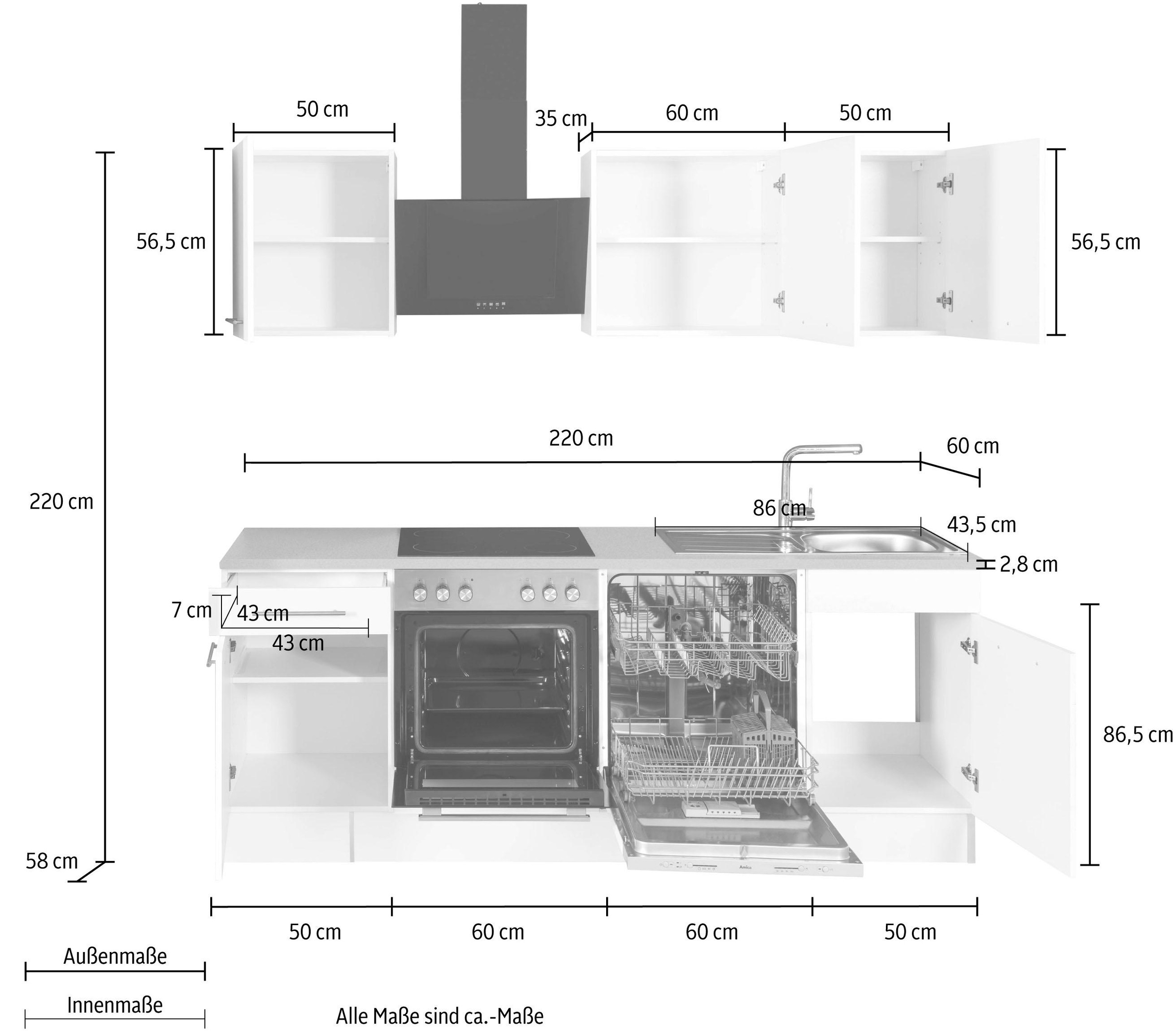 wiho Küchen Küchenzeile »Ela«, Breite 220 cm, Soft-Close-Funktion, höhenverstellbare Füße
