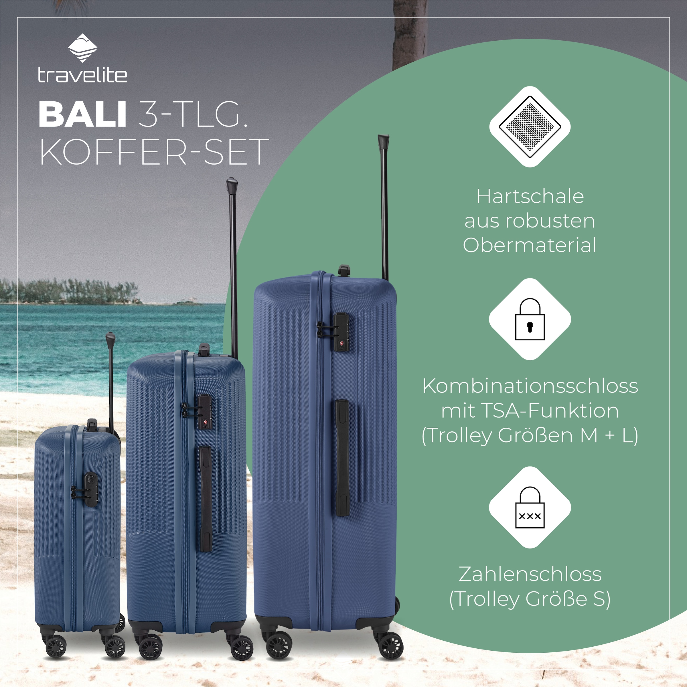 travelite Trolleyset »BALI 4w L/M/S«, (Set, 3 tlg., Hartschalen Trolley Set), Kofferset Reisegepäck Reisekoffer Hartschallenkoffer TSA Schloss