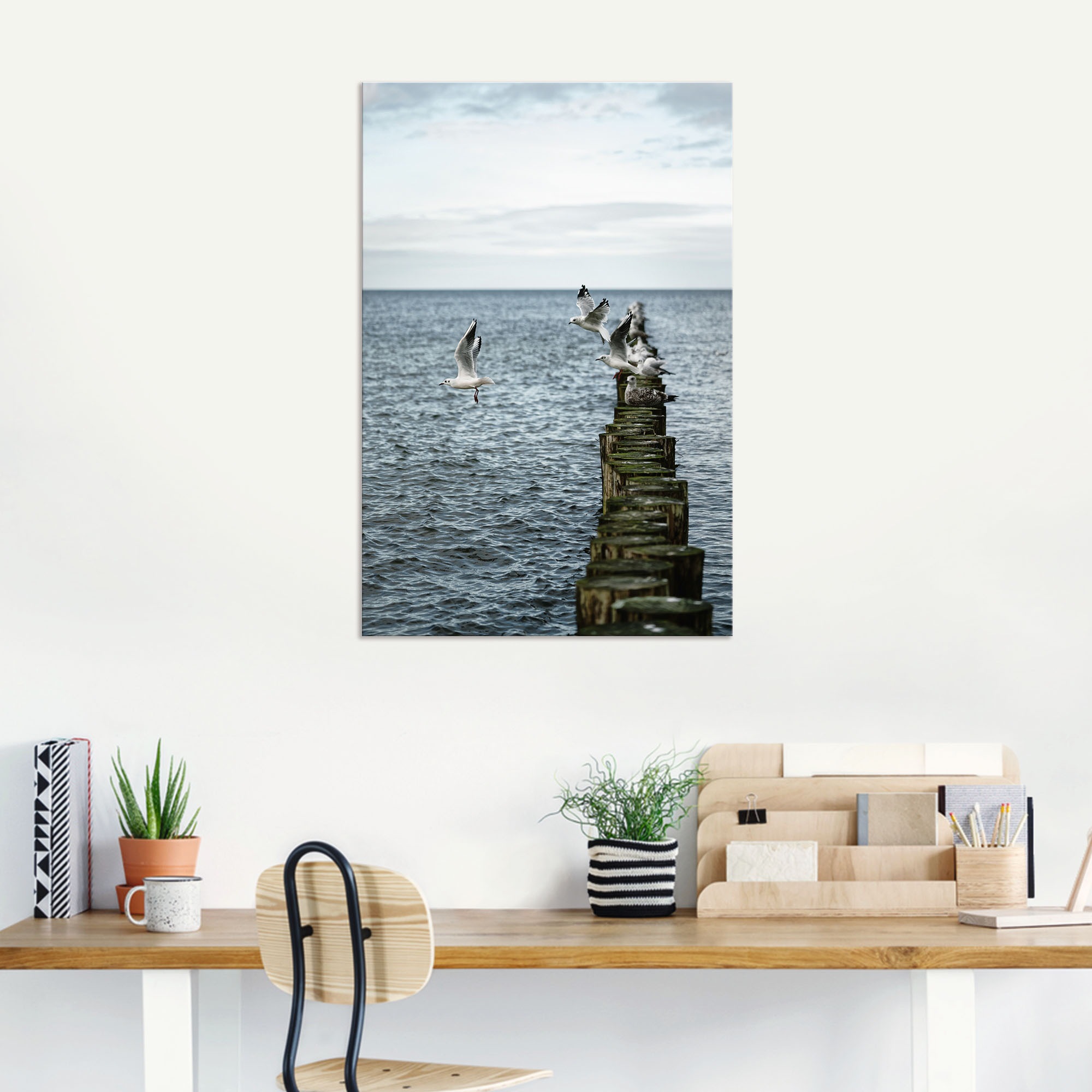 Artland Wandbild »Möwen starten von einer Buhnenreihe«, Vogelbilder, (1 St.), als Alubild, Outdoorbild, Poster in verschied. Größen