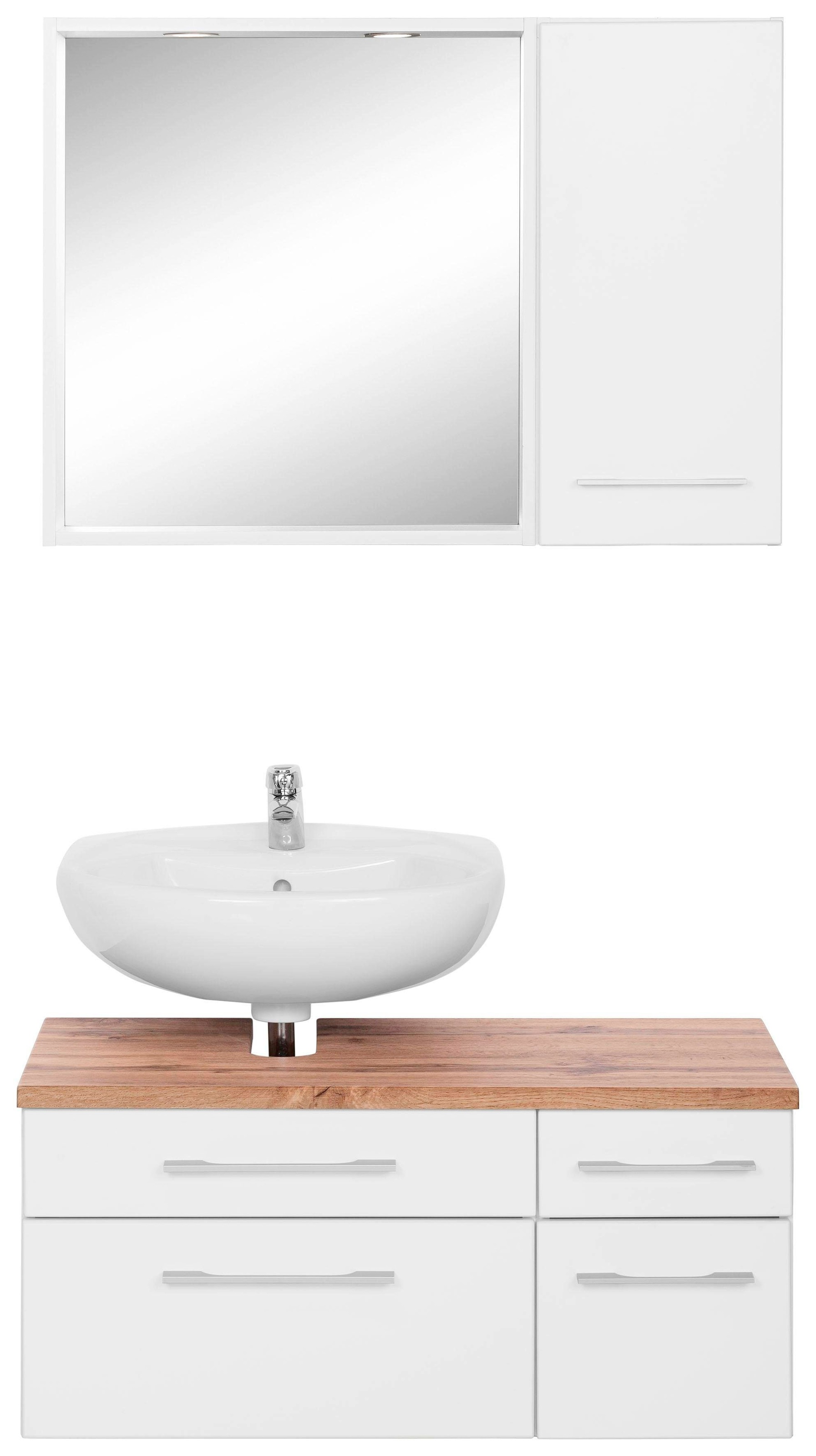 HELD MÖBEL Badmöbel-Set (3 St.), bestellen »Davos«, auf inklusive Waschbeckenunterschrank Beleuchtung, und Raten Hängeschrank