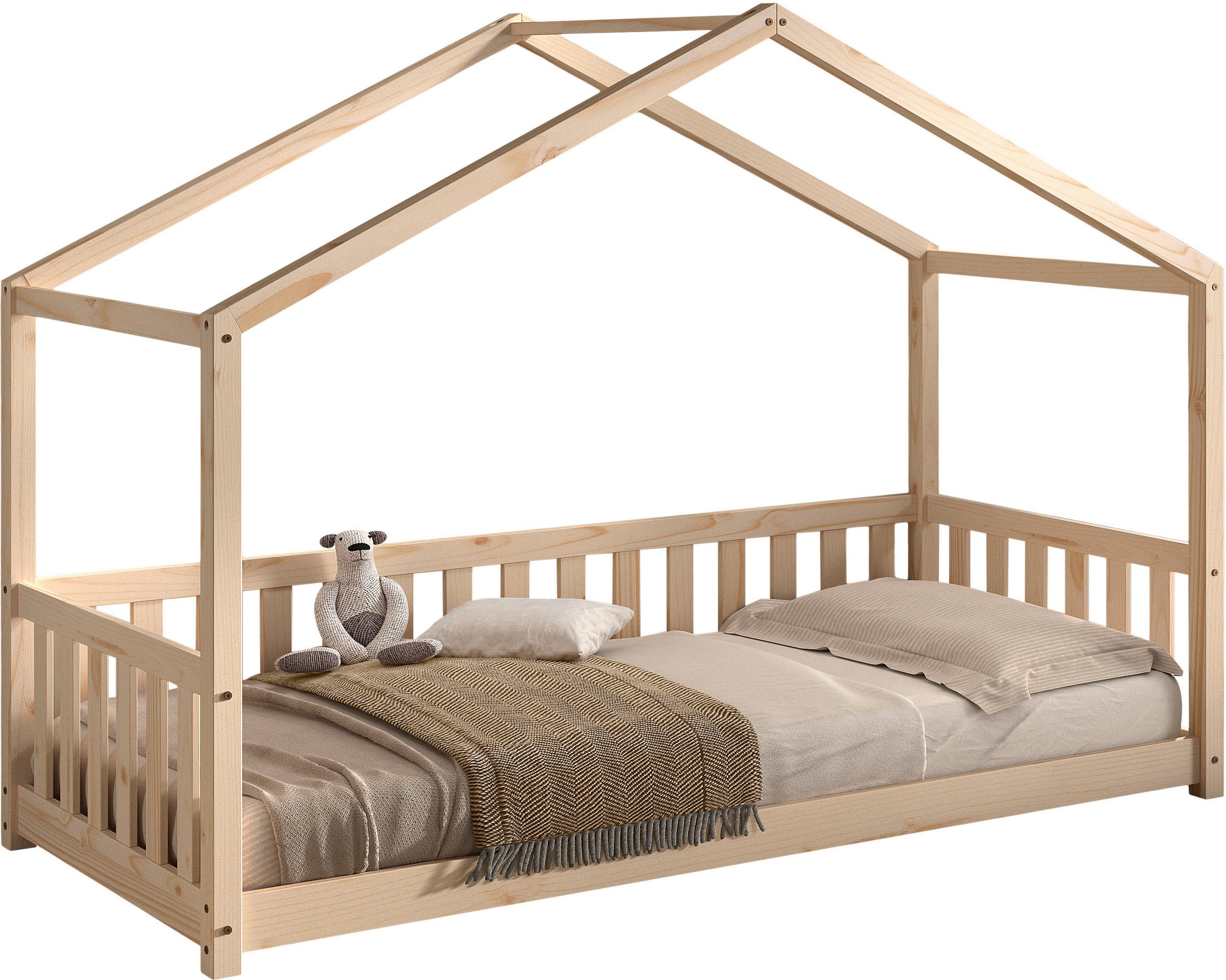 Vipack Hausbett »Dallas, Massivholzbett mit Dachaufbau umbaubar vom Boden- zum Daybett« inkl. Rolllattenrost und Sprossenumrandung, 90 oder 140x200 cm breit,  stabil und standfest gebaut, wahlweise Kiefer massiv natur oder weiß