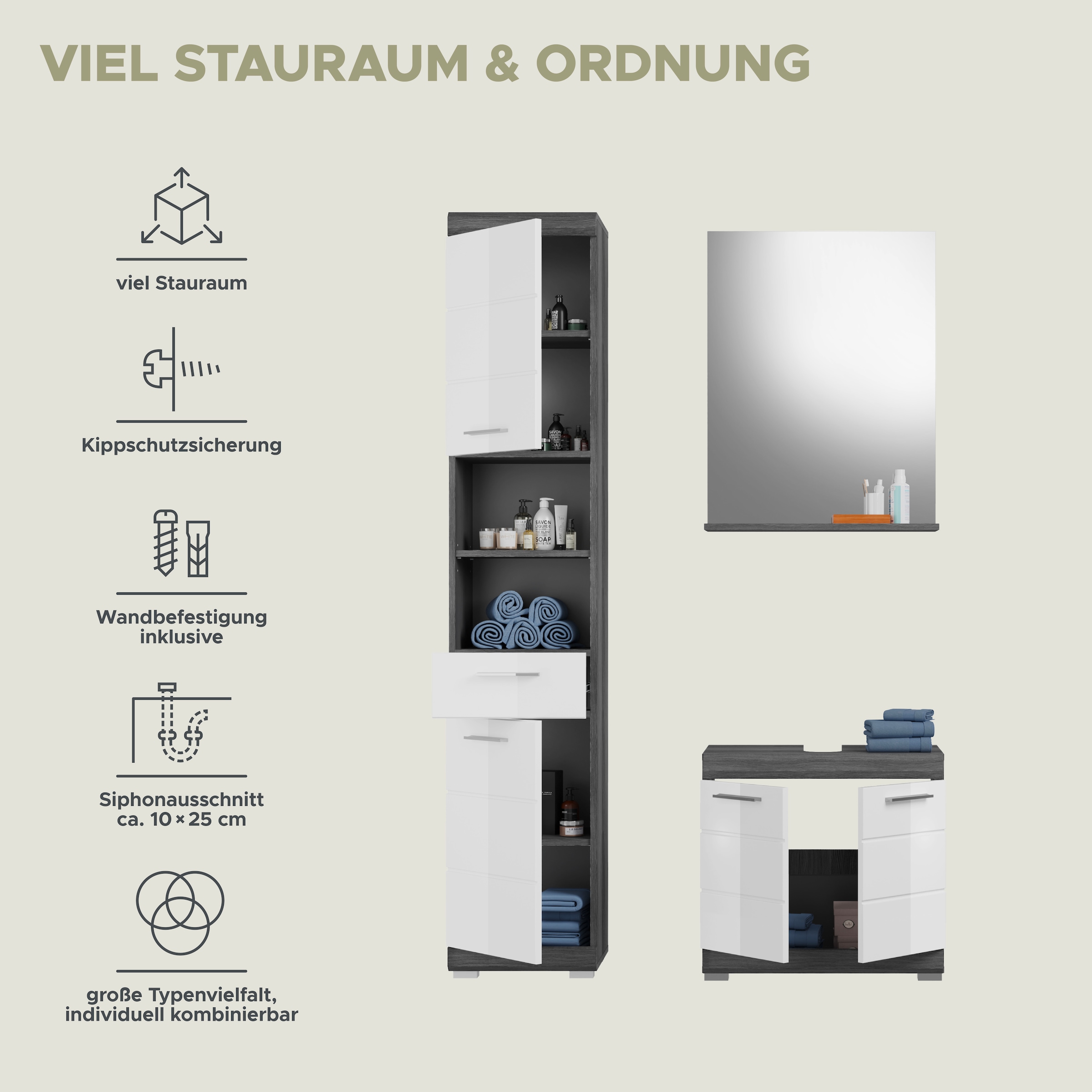 INOSIGN Badmöbel-Set »Siena, 3 teilig, bestehend aus:«, (Set, 3 St.), Hochschrank, Waschbeckenunterschrank, Spiegel