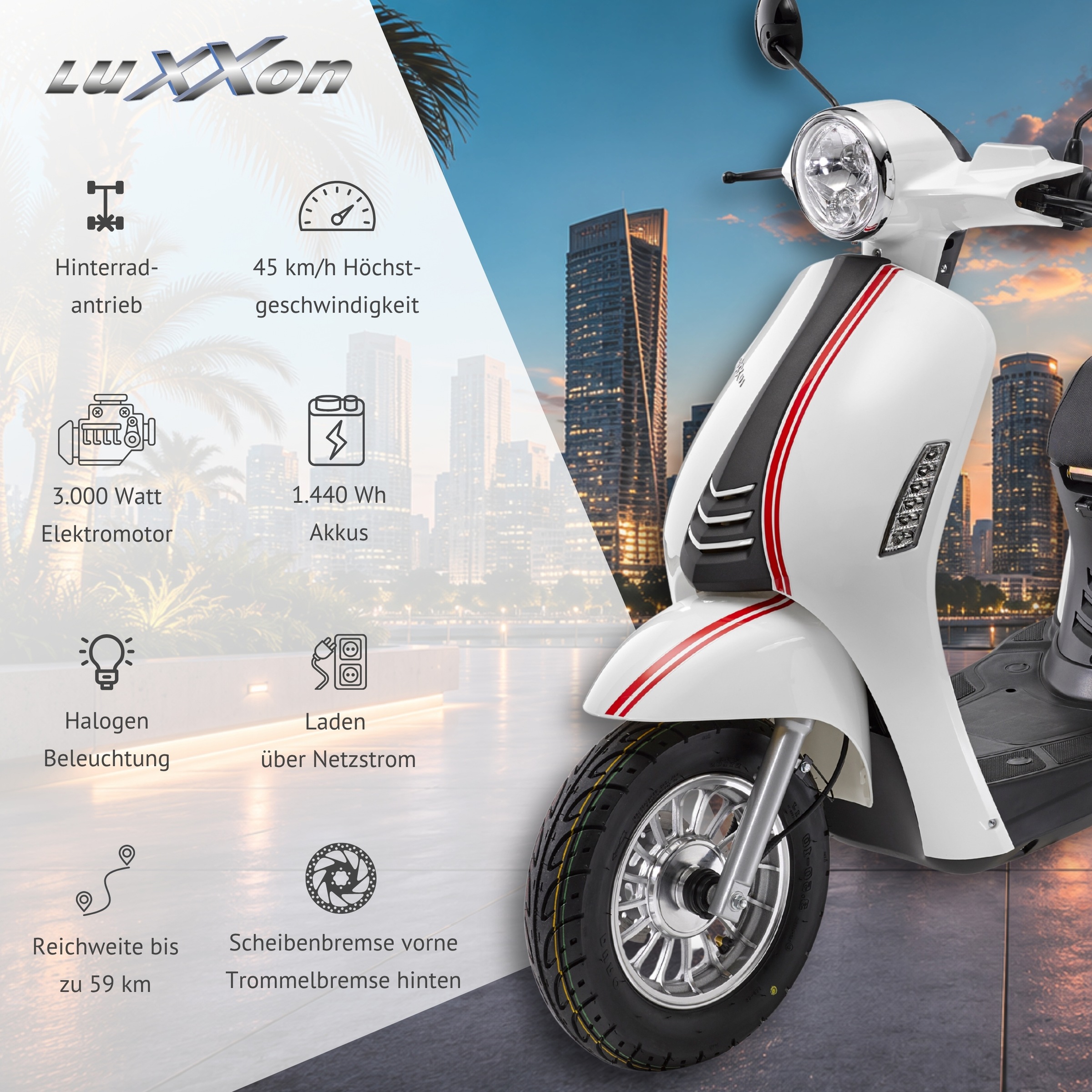 Luxxon E-Mofaroller »E 3000« bis zu 65 km Reichweite, mit Straßenzulassung, 2 Sitzplätze