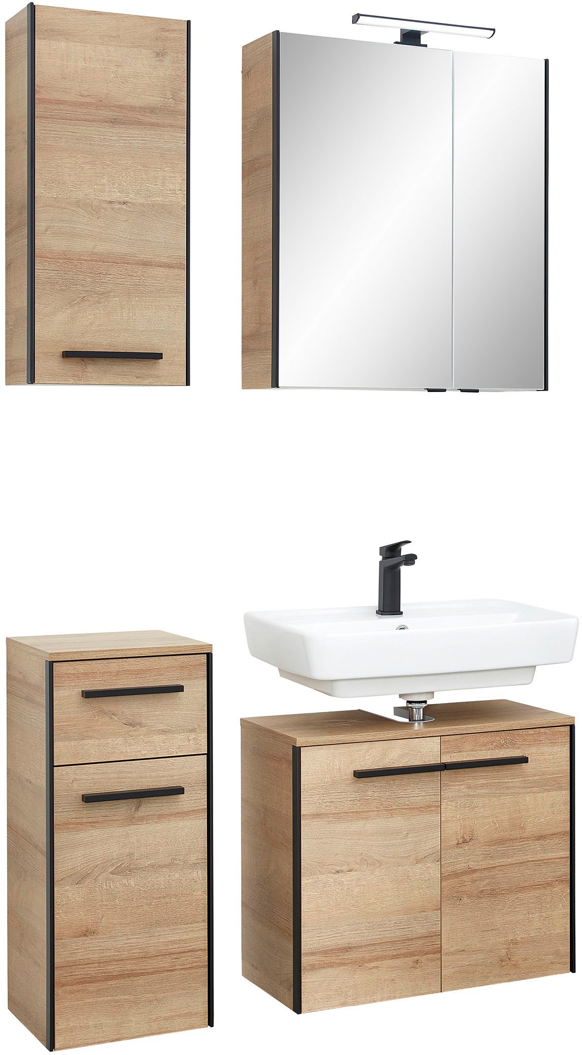 Saphir Badmöbel-Set »Quickset 395 4-teilig, Waschbeckenunterschrank mit LED-Spiegelschrank«, (4 St.), Unterschrank, Hängeschrank inkl. Türdämpfer, 6 Türen, 1 Schublade