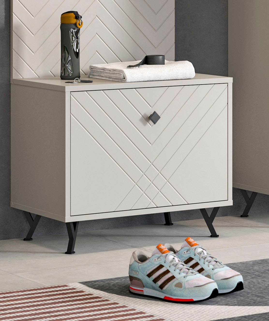 INOSIGN Sitzbank »Mento, Breite 57 cm, 1 Klappe, 1 Fach, Metall Knopfgriff & Y-Füße«, Klappe mit Ornamentfräsung, Truhe, Flurbank, Garderobe, Flur, Diele
