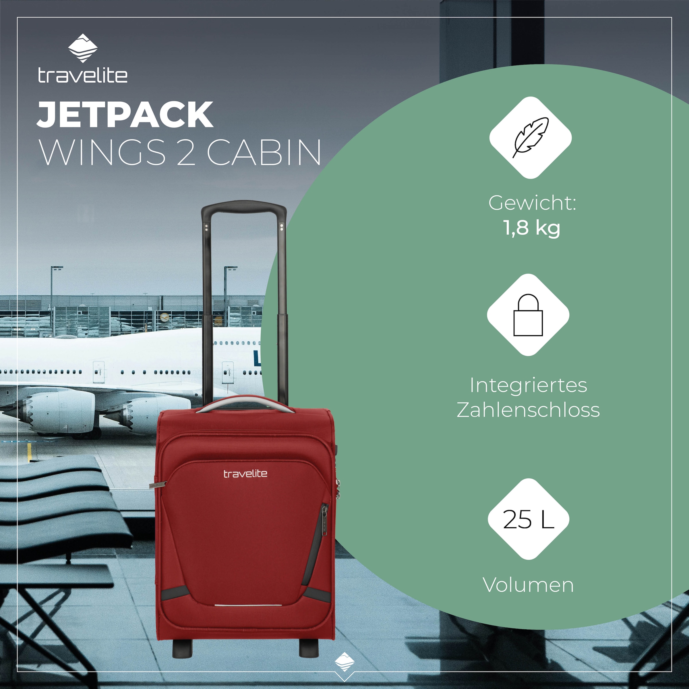 travelite Handgepäck-Trolley »JETPACK Wings 2 Cabin, konzipiert für Eurowings«, 2 Rollen, Weichgepäck-Koffer Handgepäck für die meisten gängigen Airlines
