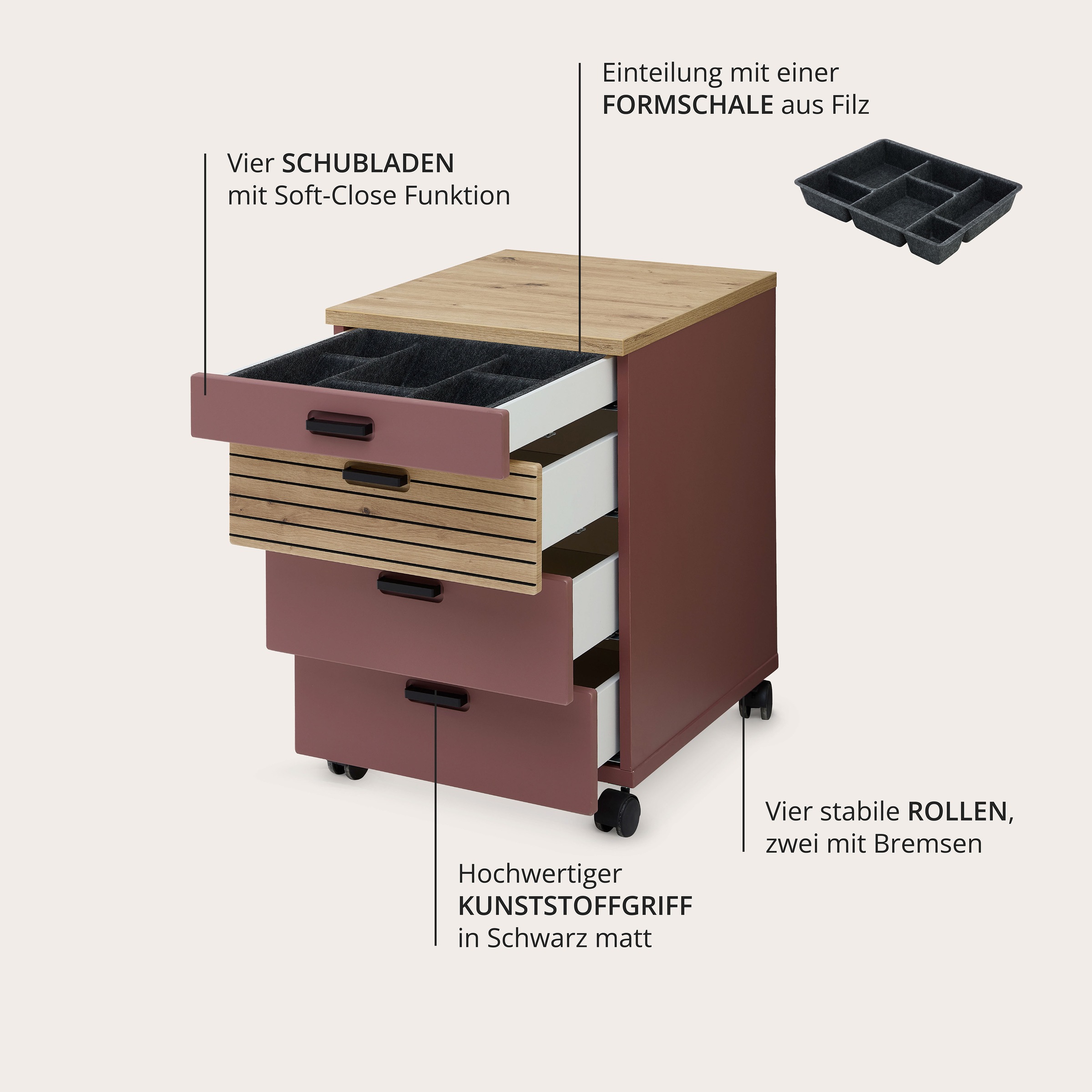 Innostyle Rollcontainer »Nachtkommode Glenn, 45 x 66 x 55 cm (B/H/T)«, (1 St.), inkl. Filzeinlage, 4 Rollen (2 mit Bremsen) oder Sockel, SK Soft-Close