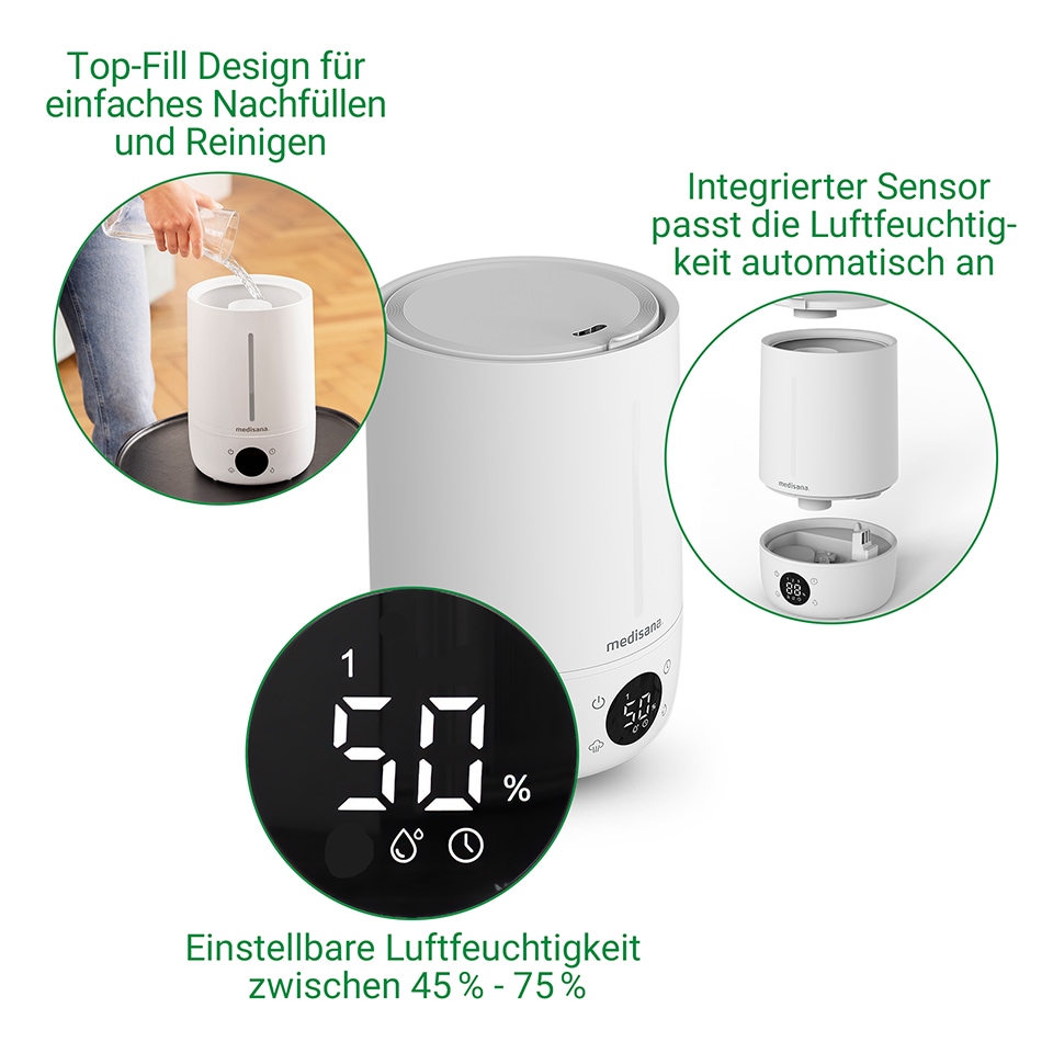 Medisana Luftbefeuchter »AH 663« 4,5 l Wassertank 4,5L Tank, Top-Fill-Design, integrierter Luftfeuchtigkeitssensor