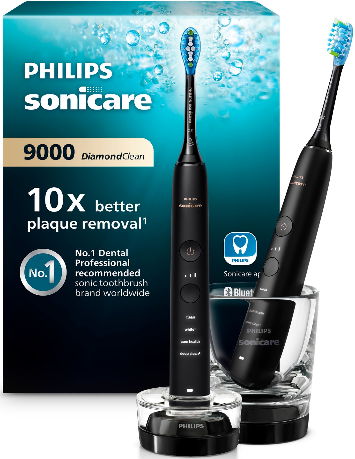 PHILIPS SONICARE Elektrische Zahnbürste »HX9914« 2 Stk. Aufsteckbürsten DiamondClean Premium Schallzahnbürste, Doppelpack inkl. Ladeglas schwarz...